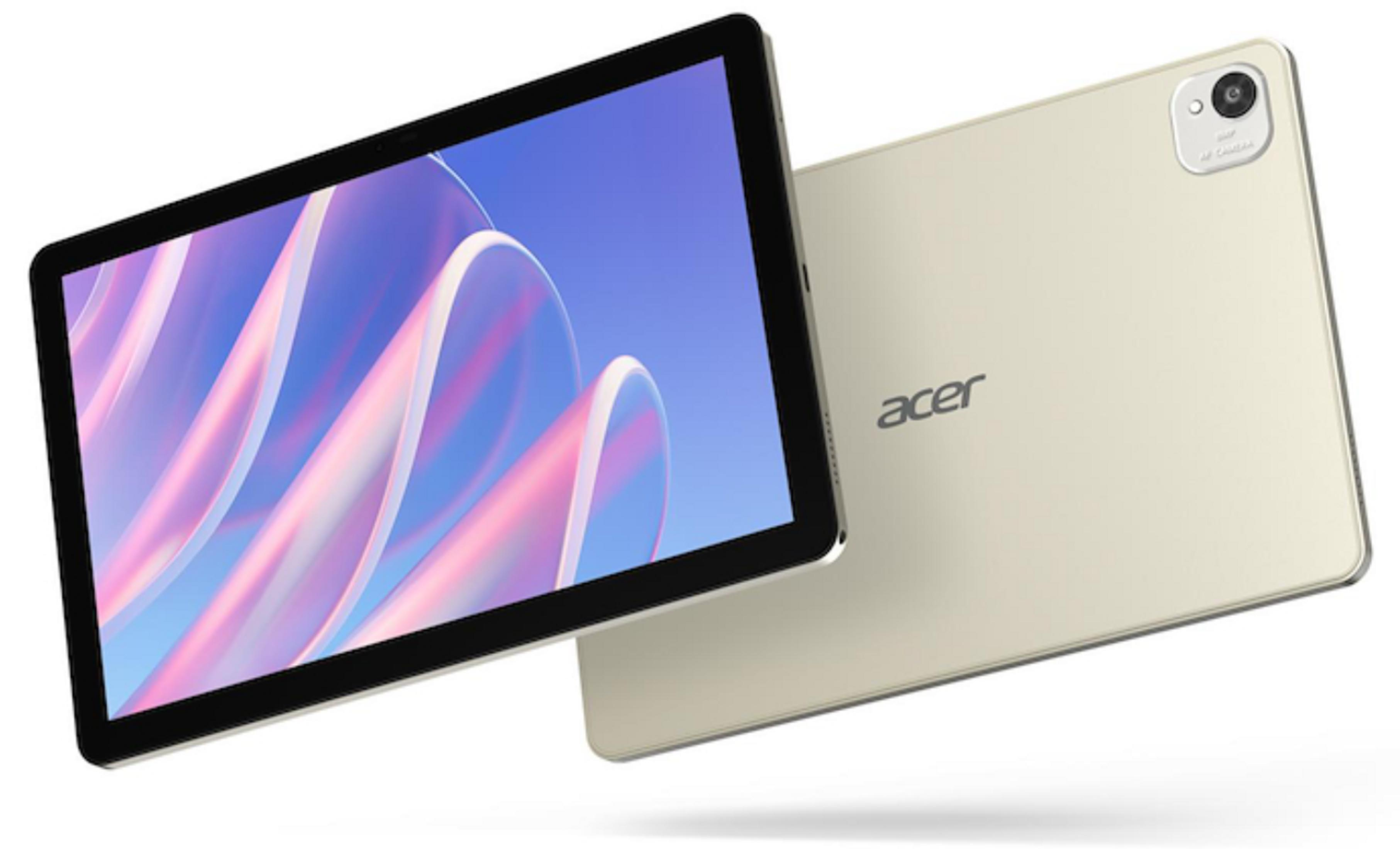 Un tablet Acer beige è mostrato frontalmente e posteriormente. Lo schermo visualizza onde astratte colorate.