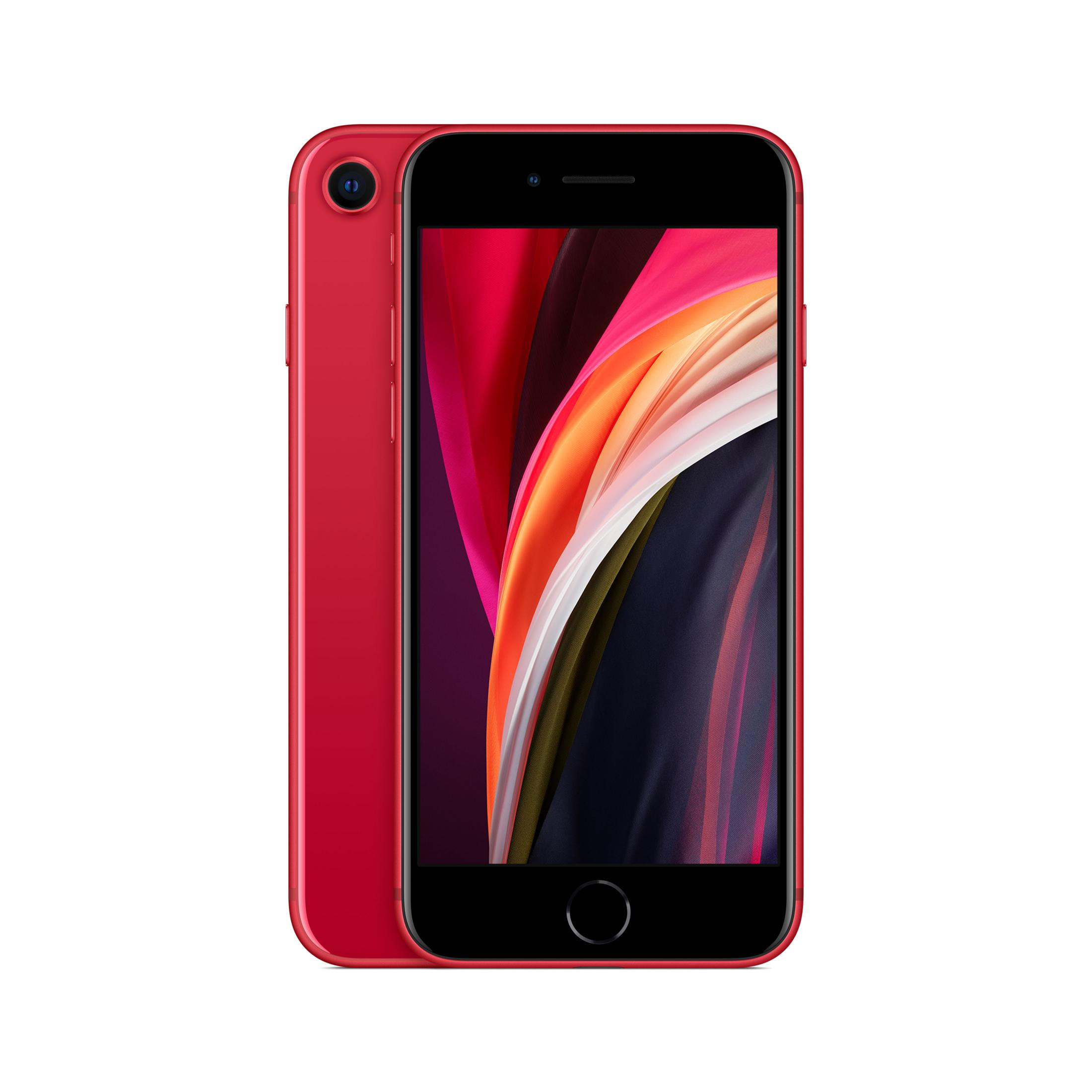 Un iPhone SE rosso con schermo nero che mostra uno sfondo colorato.