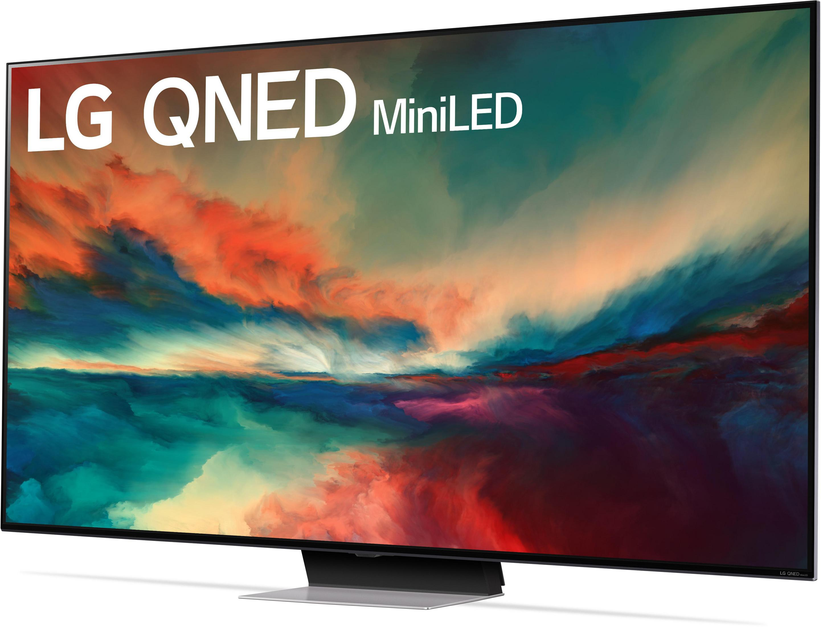 An LG QNED MiniLED TV displaying a colorful, abstract background.