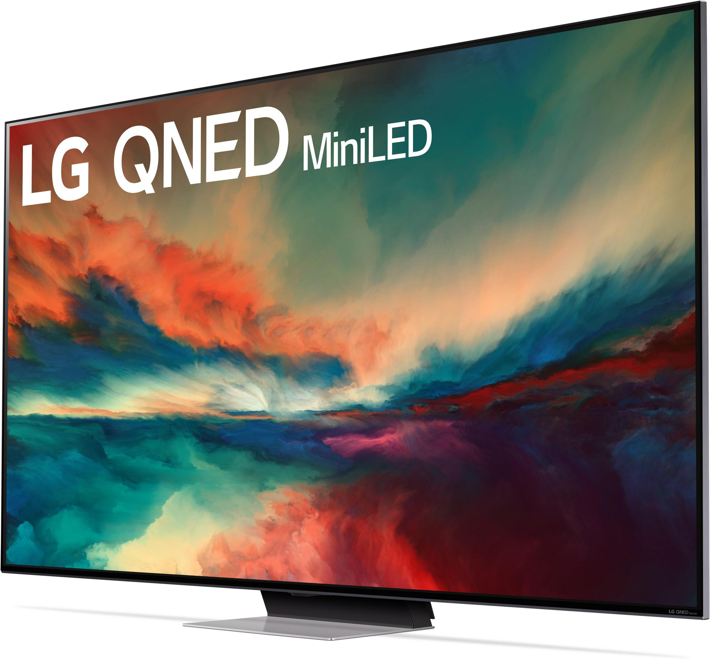 LG QNED MiniLED TV displaying abstract orange, blue, and green background.