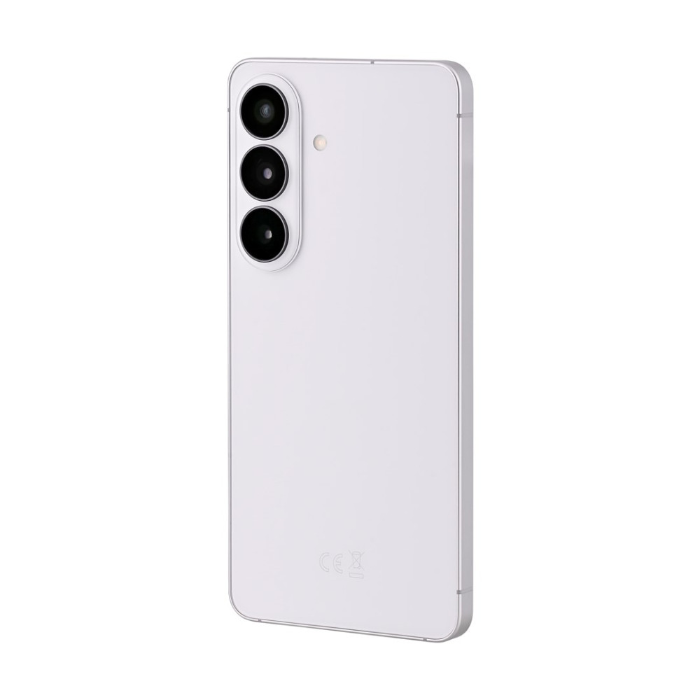 Ein weißes Smartphone mit drei Kameralinsen und Blitzlicht auf der Rückseite.