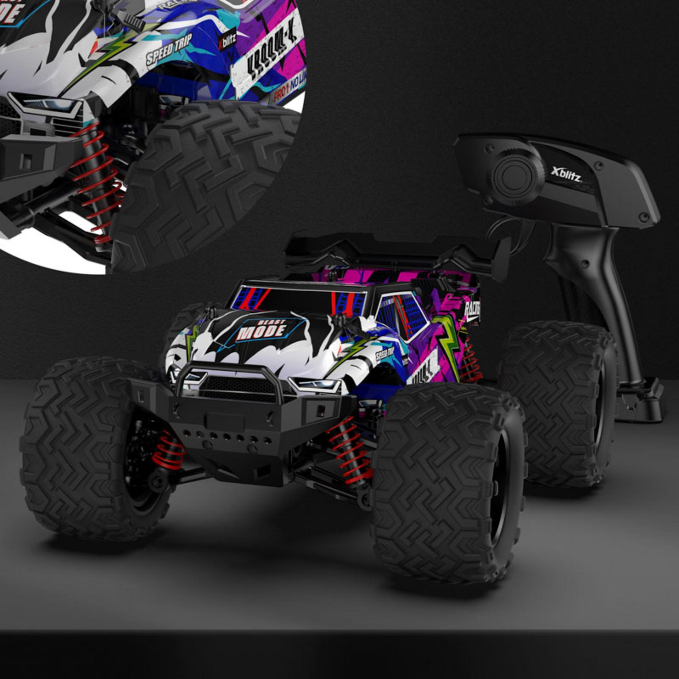 Ein bunter RC-Buggy mit großen Reifen und Fernbedienung.