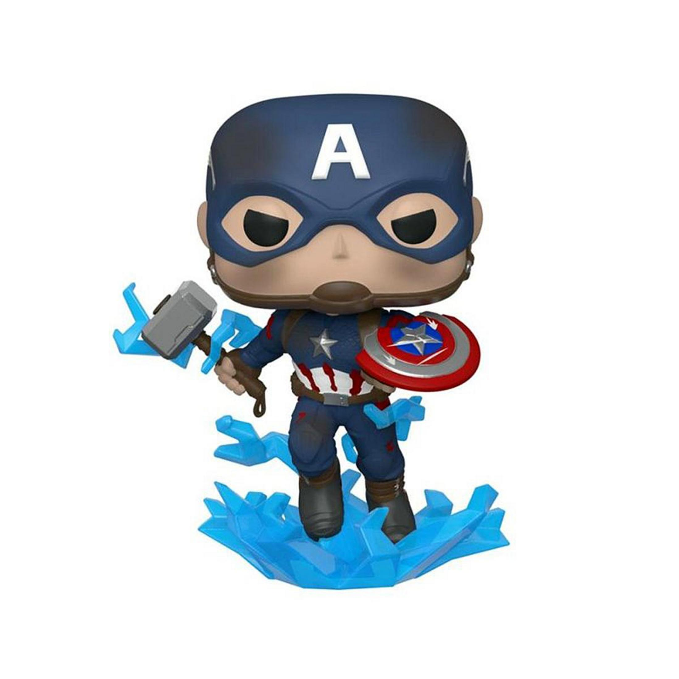 Statua di Capitan America con scudo e martello su base di energia blu.