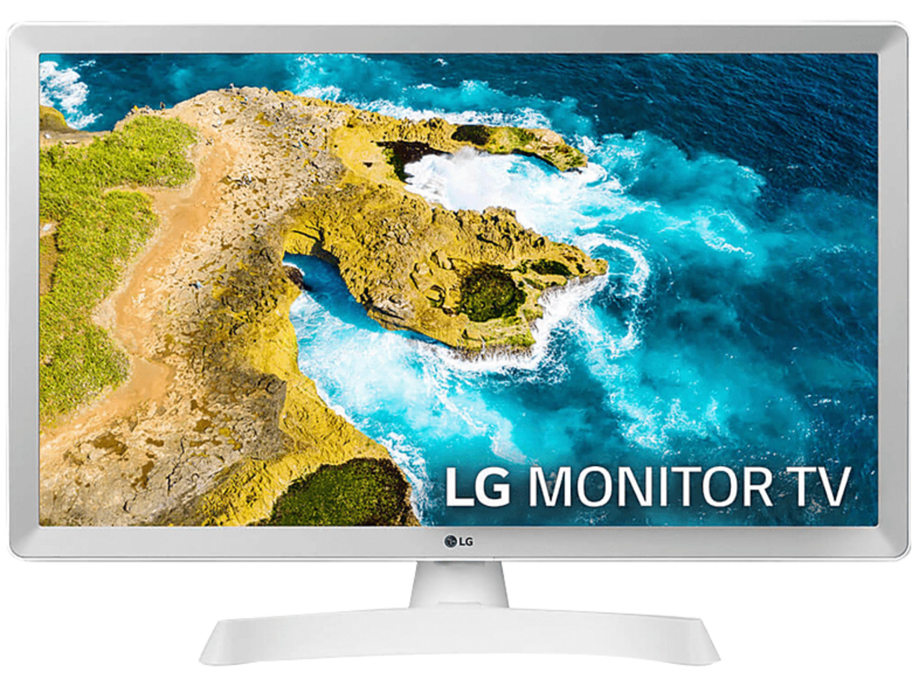 Ein weißer LG Monitor mit einer Landschaft von Felsen und Meer.