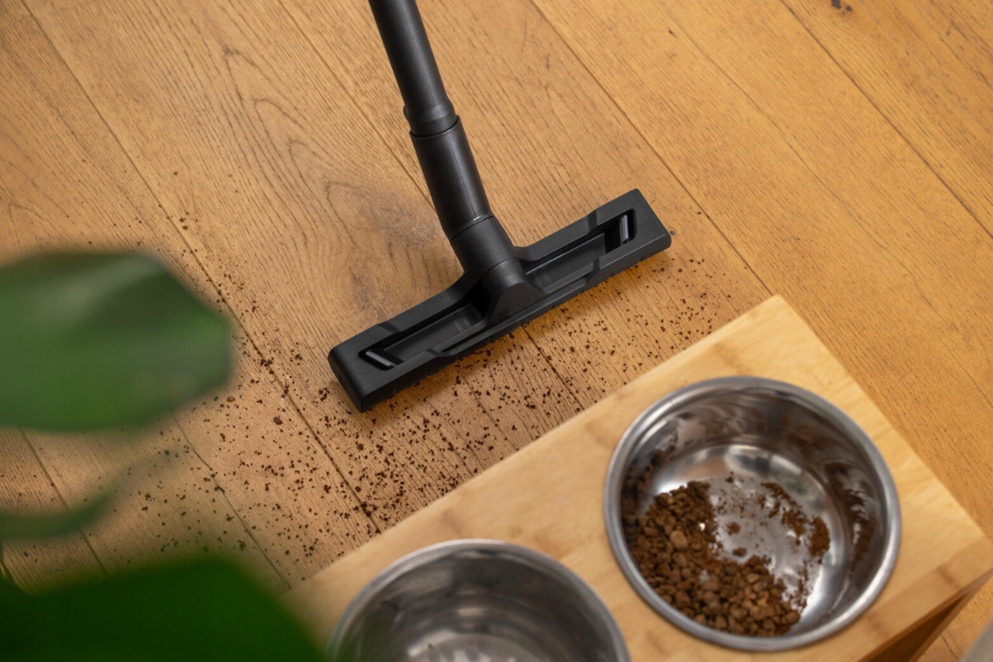 Ein Staubsaugeraufsatz reinigt Kaffeepulver von einem Holzboden neben zwei Futternäpfen.