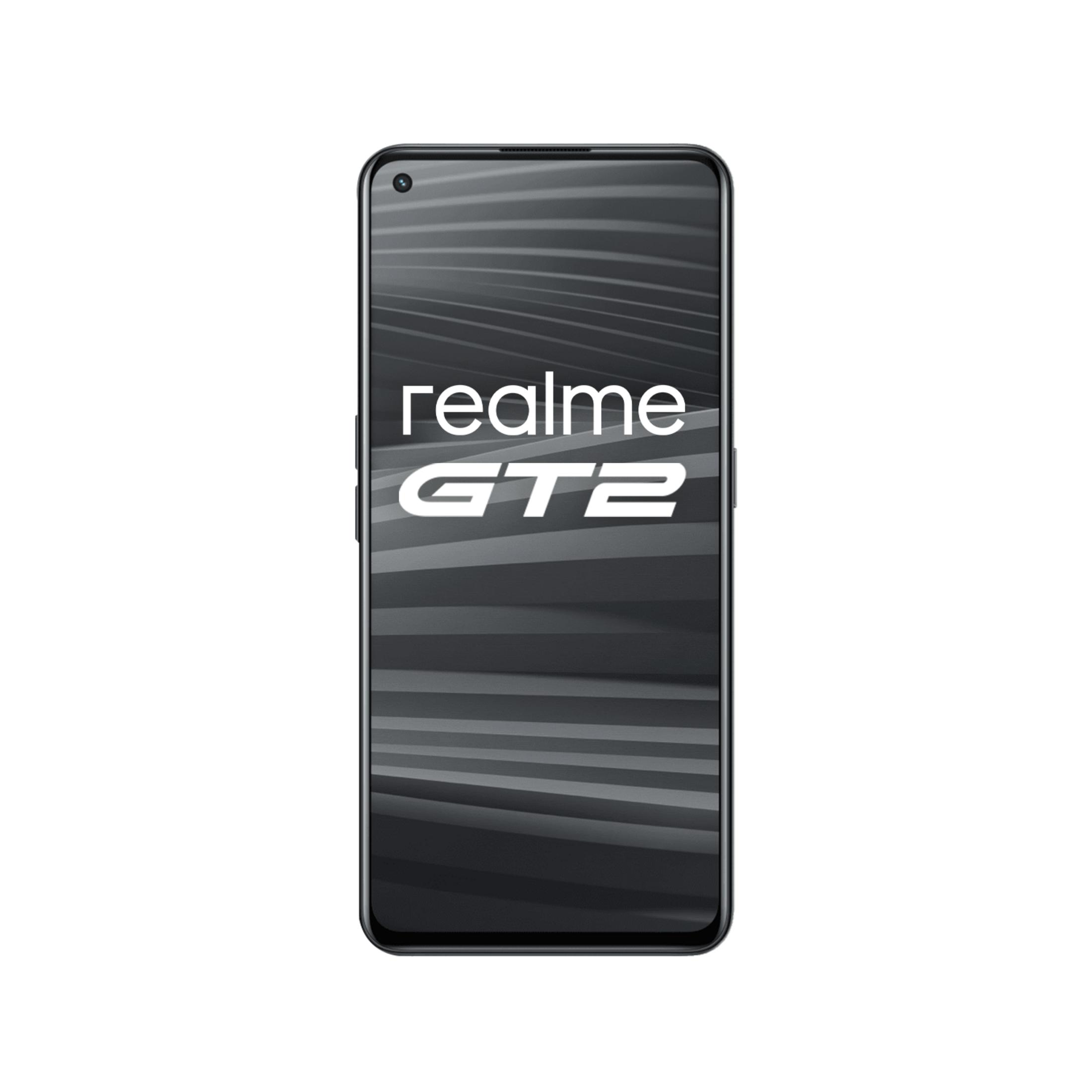 Uno smartphone nero mostra il logo Realme GT2 sul suo schermo.