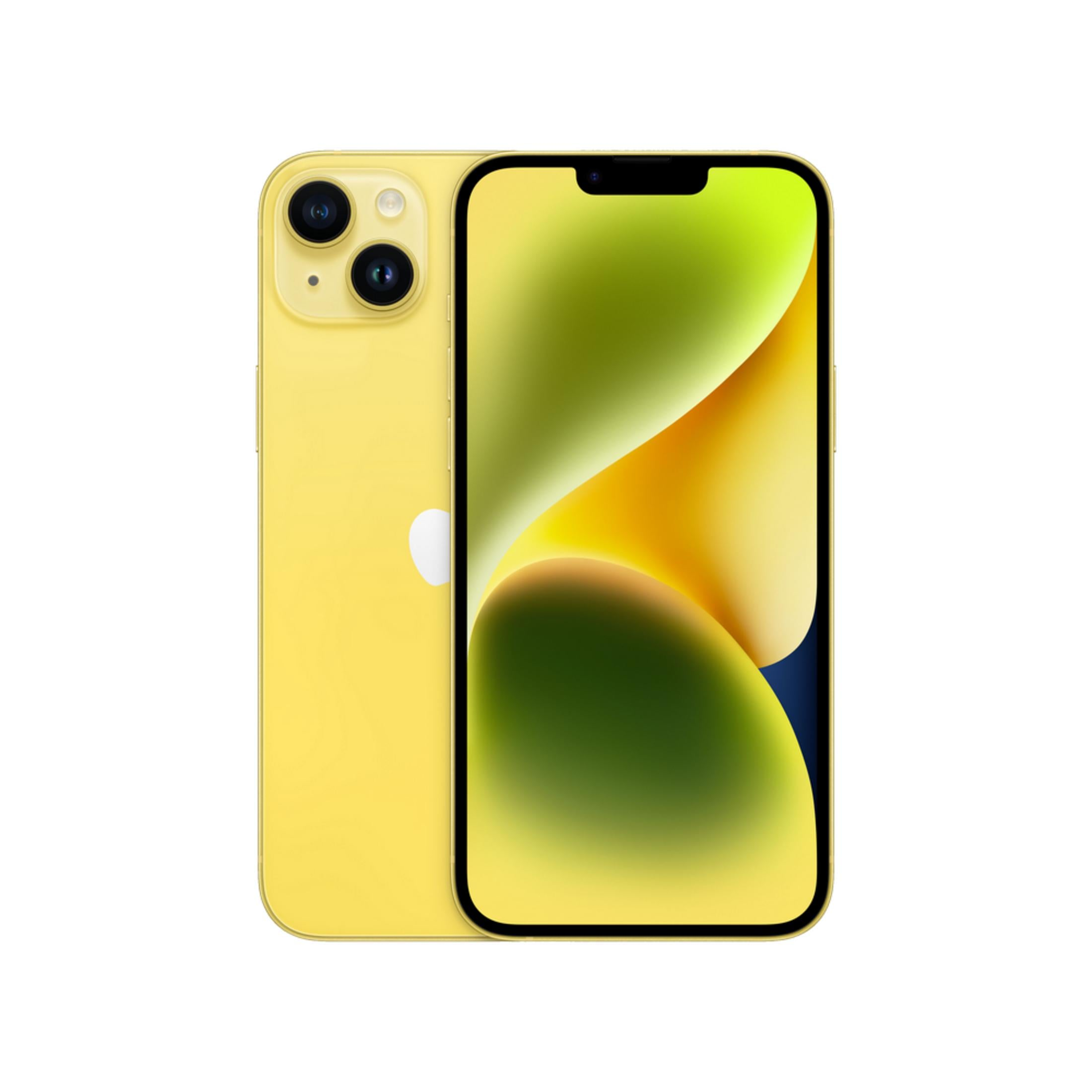Un iPhone giallo con due fotocamere posteriori e uno schermo, su sfondo bianco.