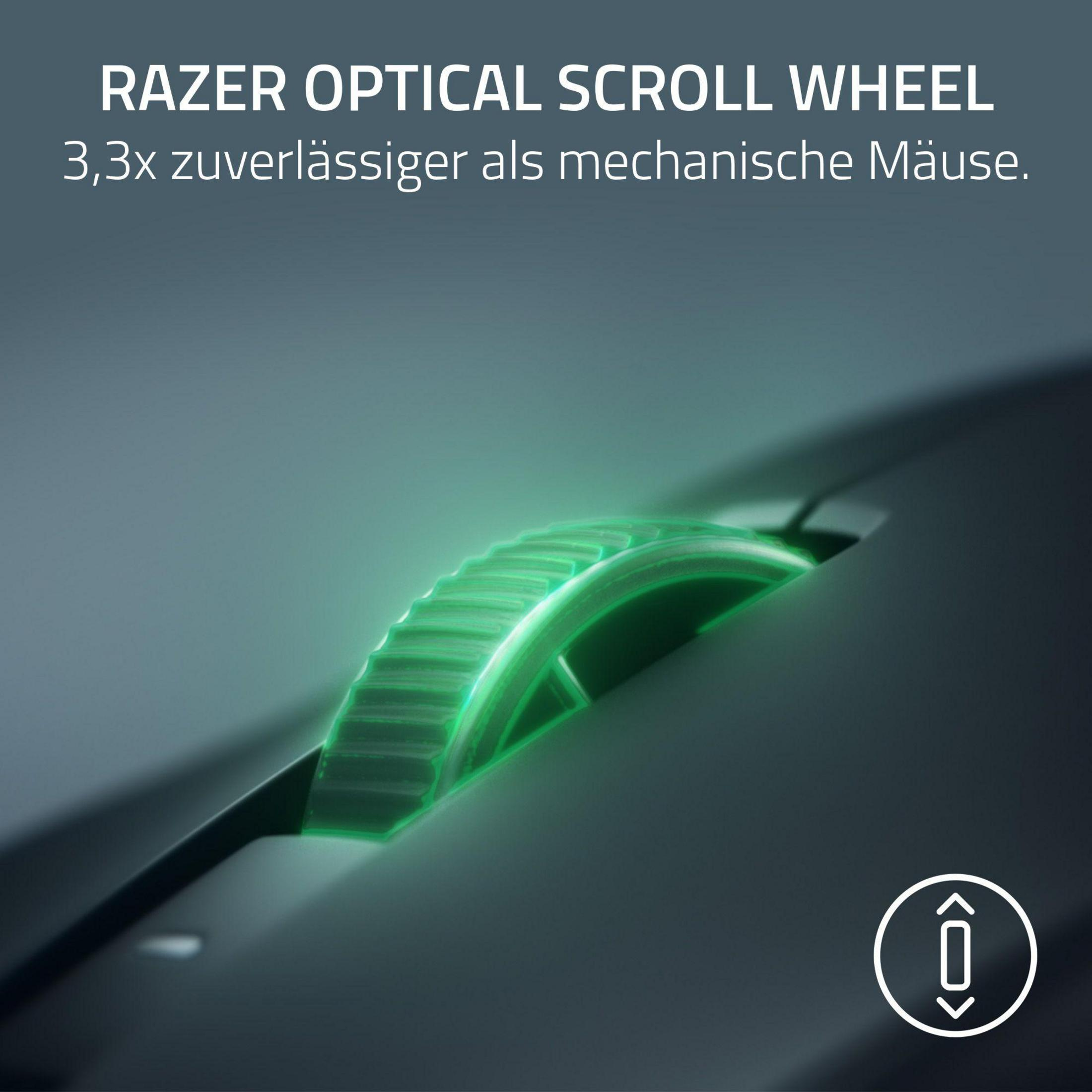 Primo piano di una rotella di scorrimento Razer illuminata di verde su un mouse scuro.