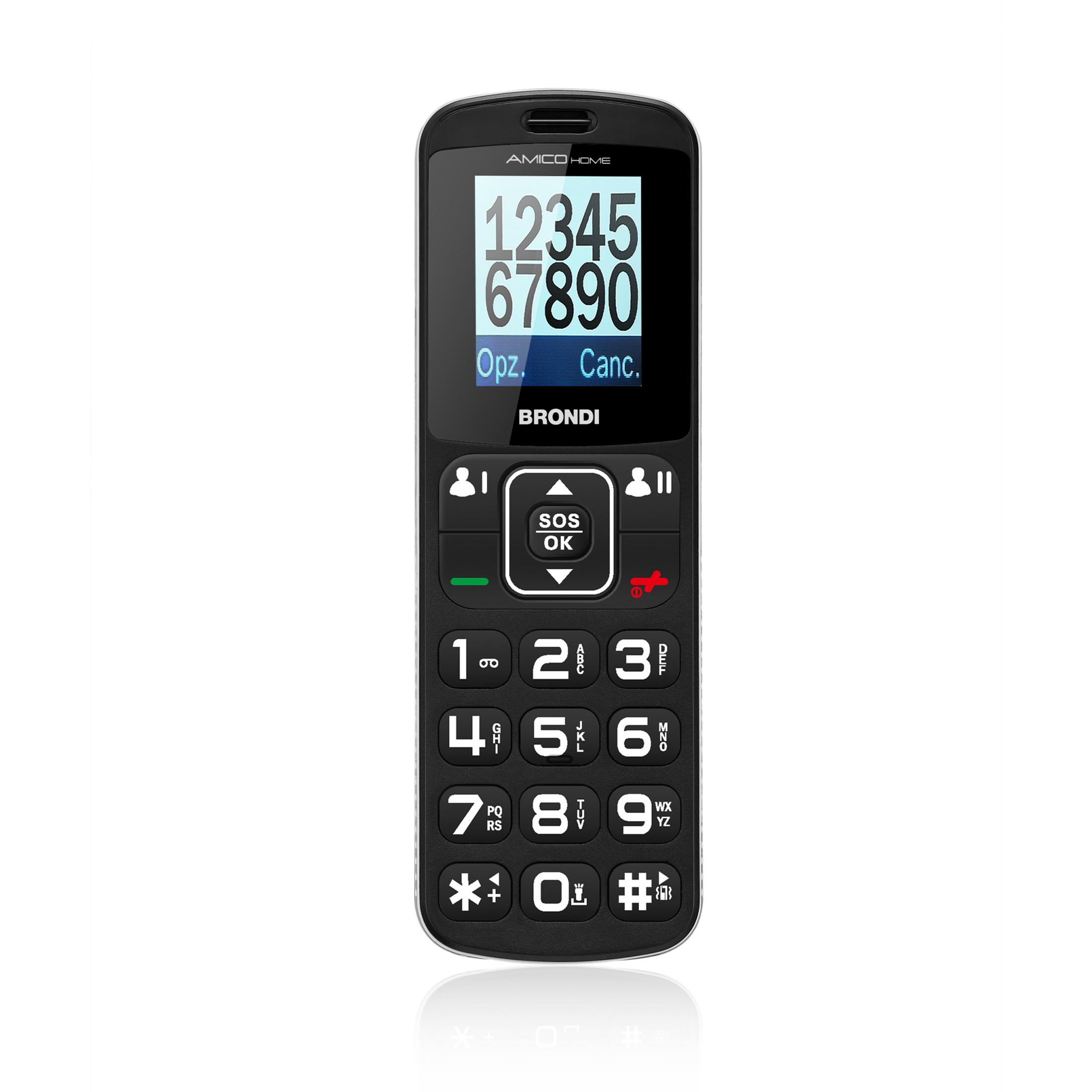 Un teléfono Brondi Amico Home negro para mayores con botón SOS.