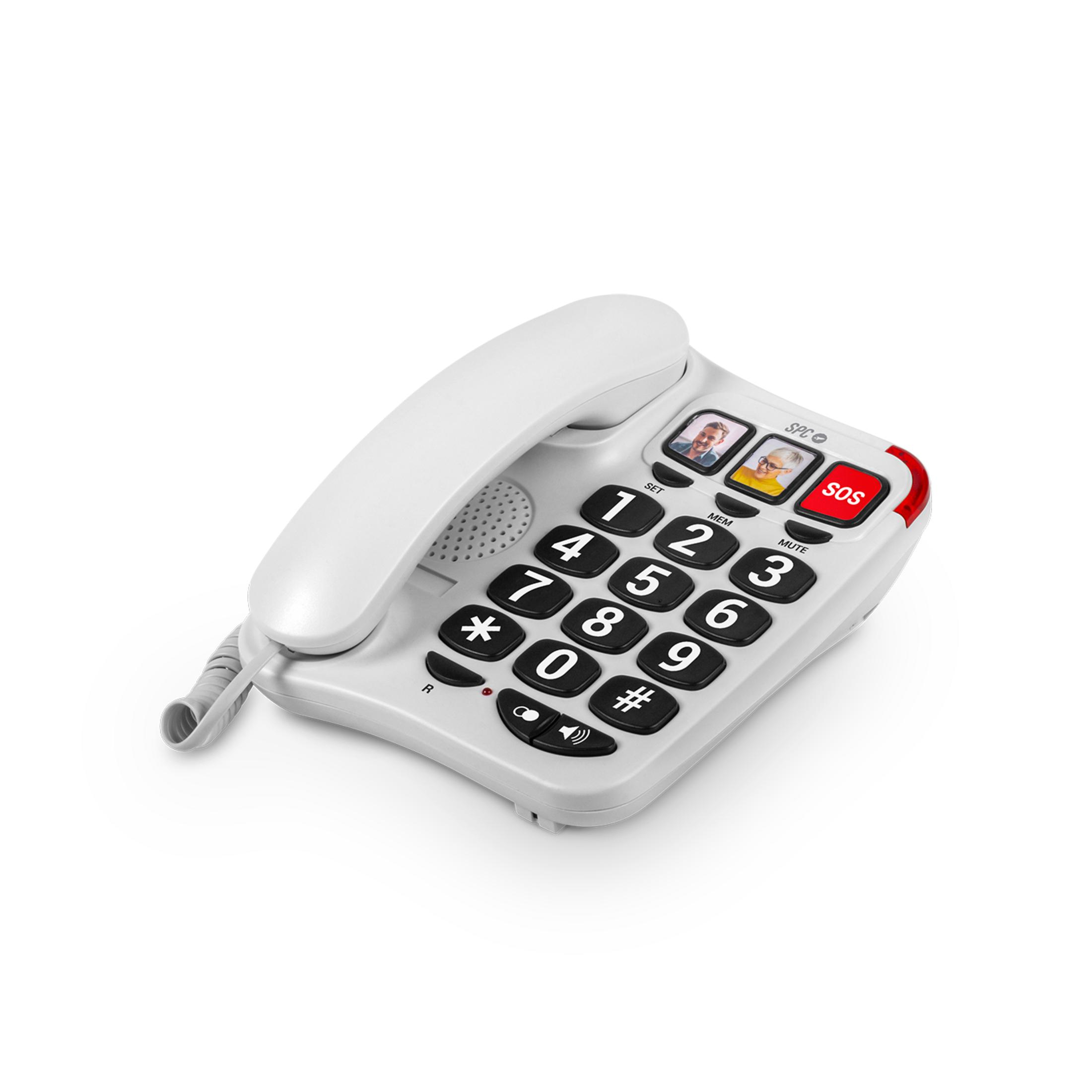 Un telefono fisso bianco con grandi tasti neri e un pulsante SOS rosso.