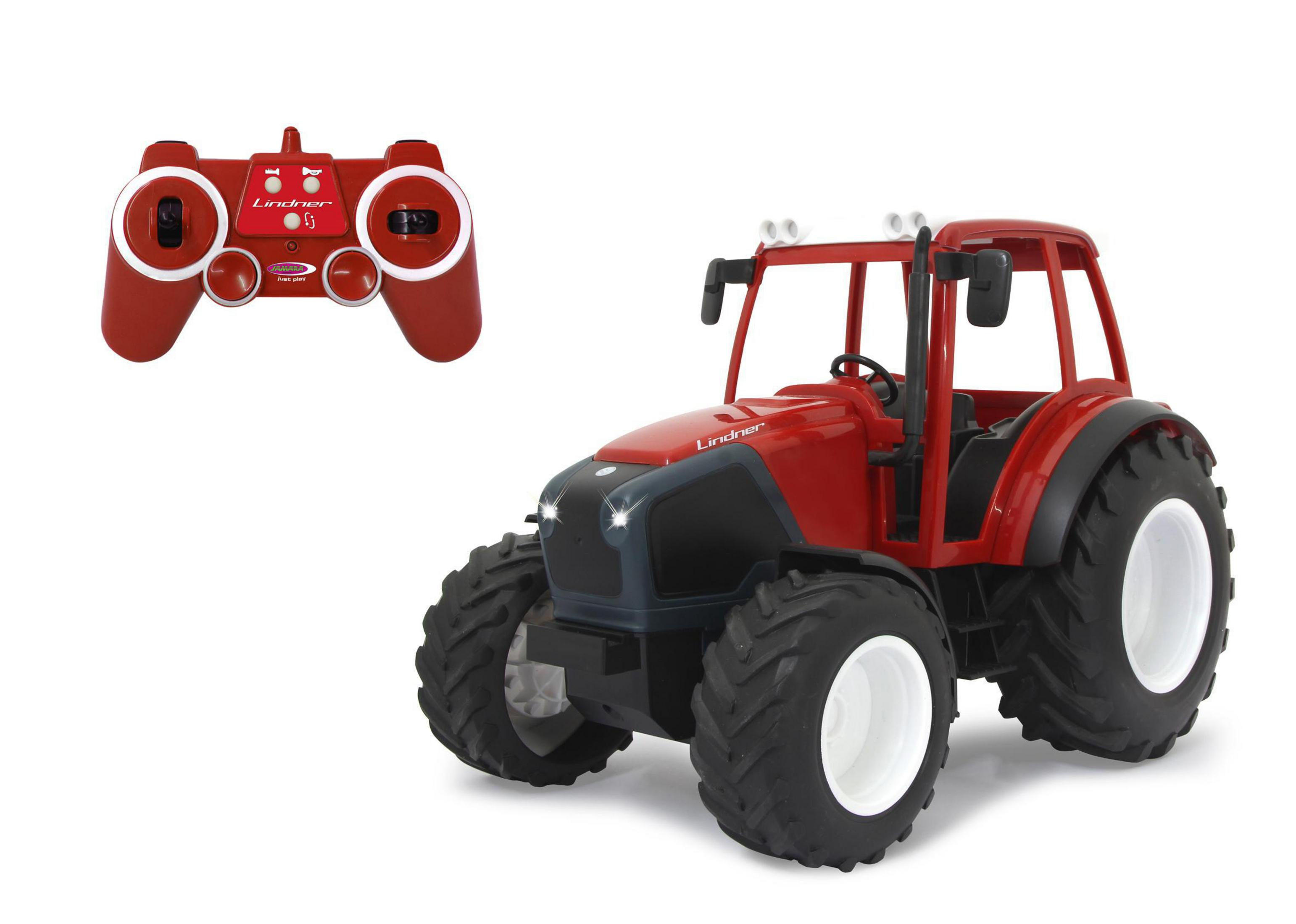 Ein roter ferngesteuerter Traktor mit einem roten Controller steht auf weißem Hintergrund.
