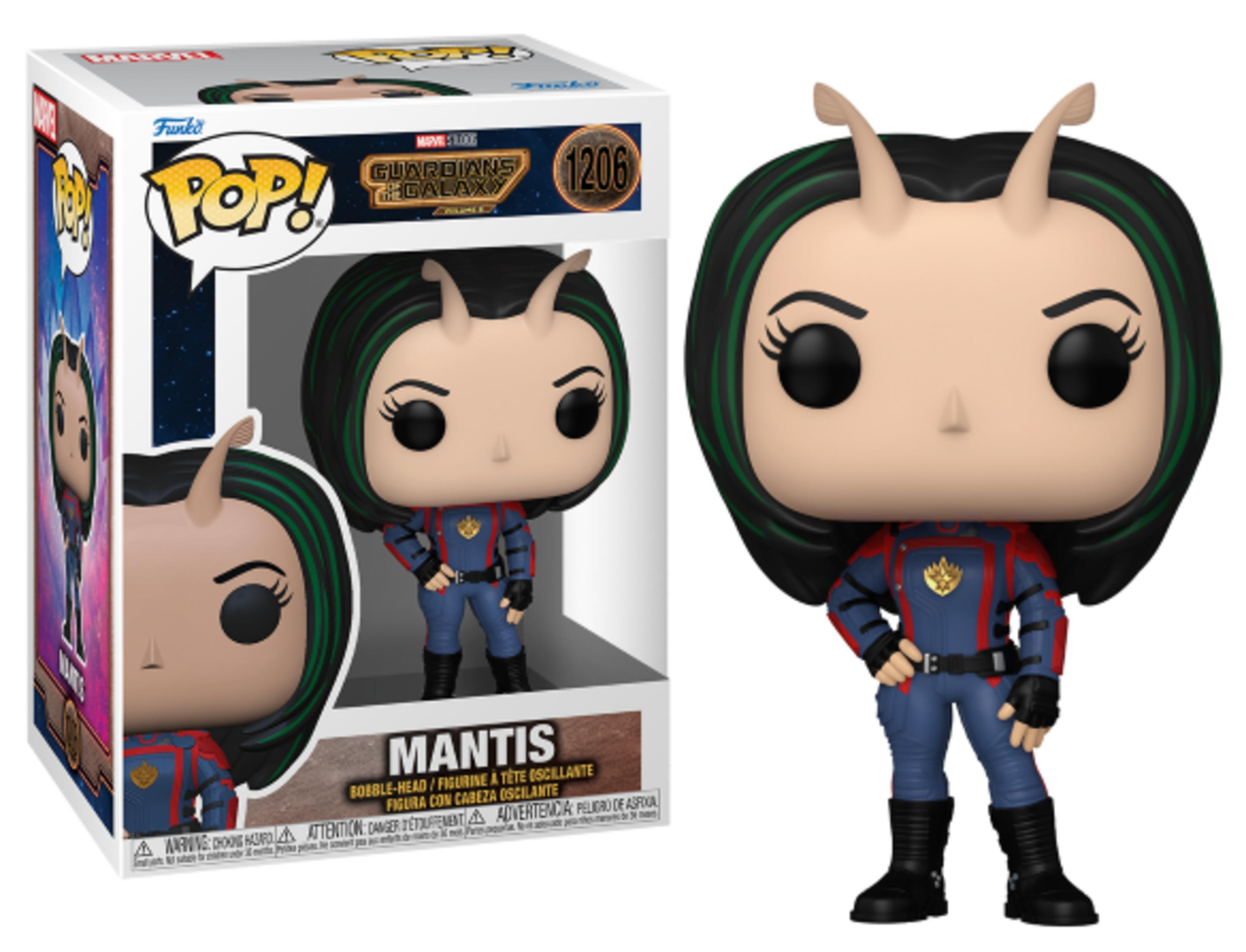 Figura Funko Pop! de Mantis de Guardianes de la Galaxia en uniforme azul.