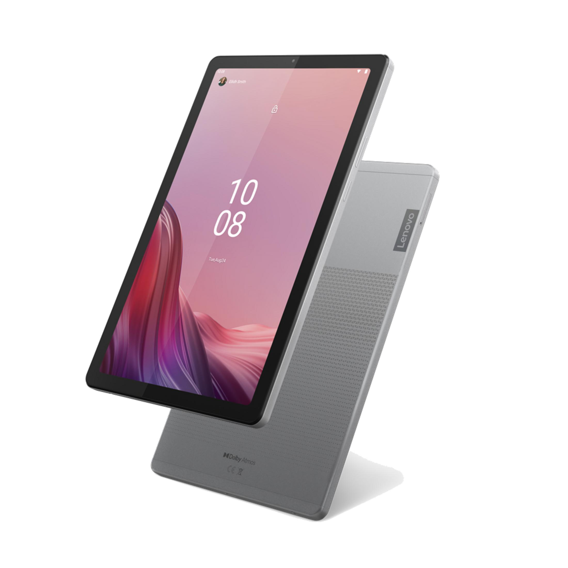 Un tablet Lenovo grigio con sfondo rosa che mostra le 10:08.