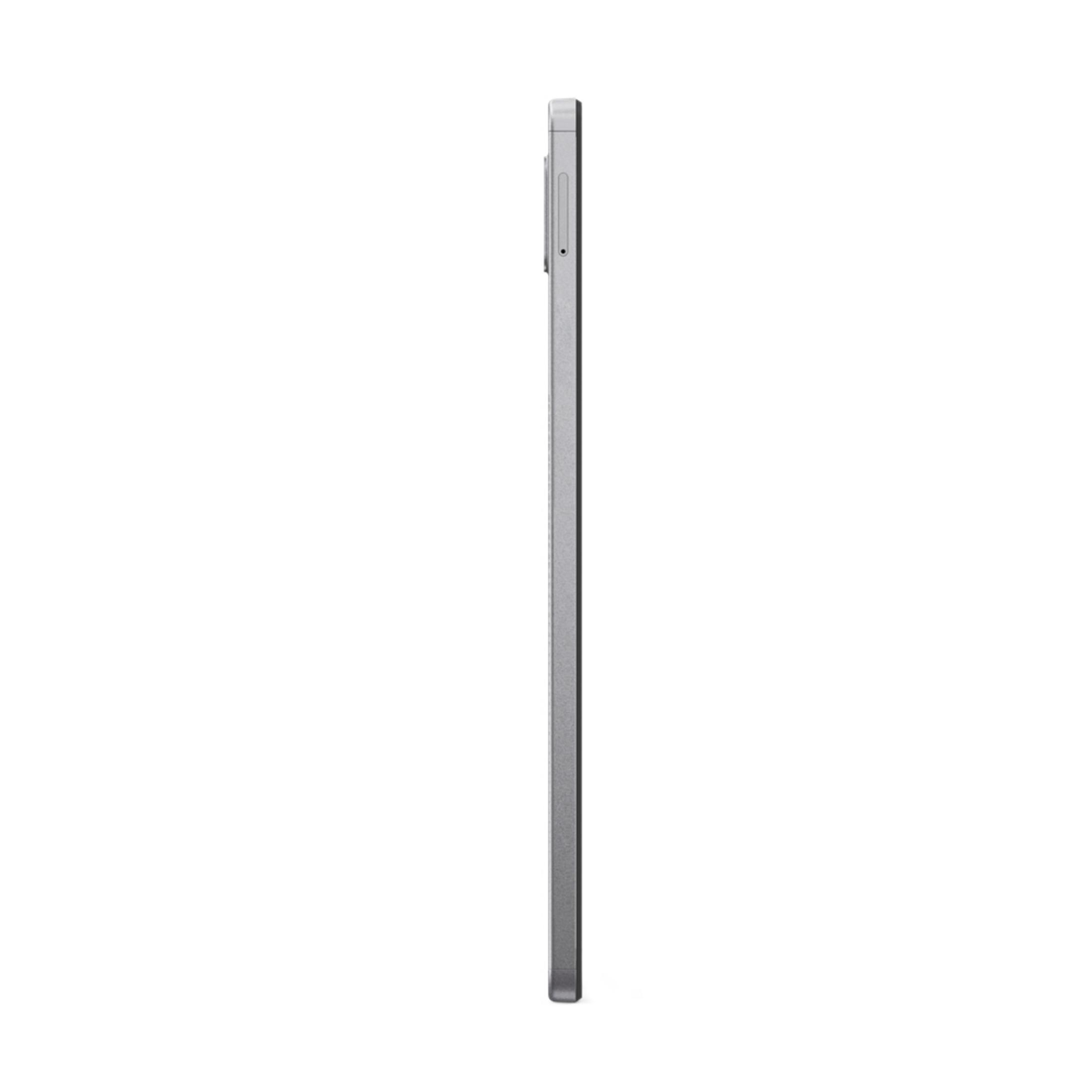 Vista laterale di un tablet grigio su sfondo bianco.