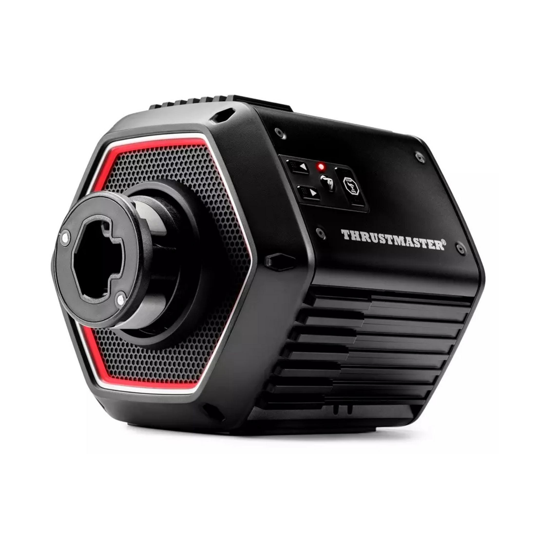 Base volante Thrustmaster nera con accenti rossi e griglia esagonale.