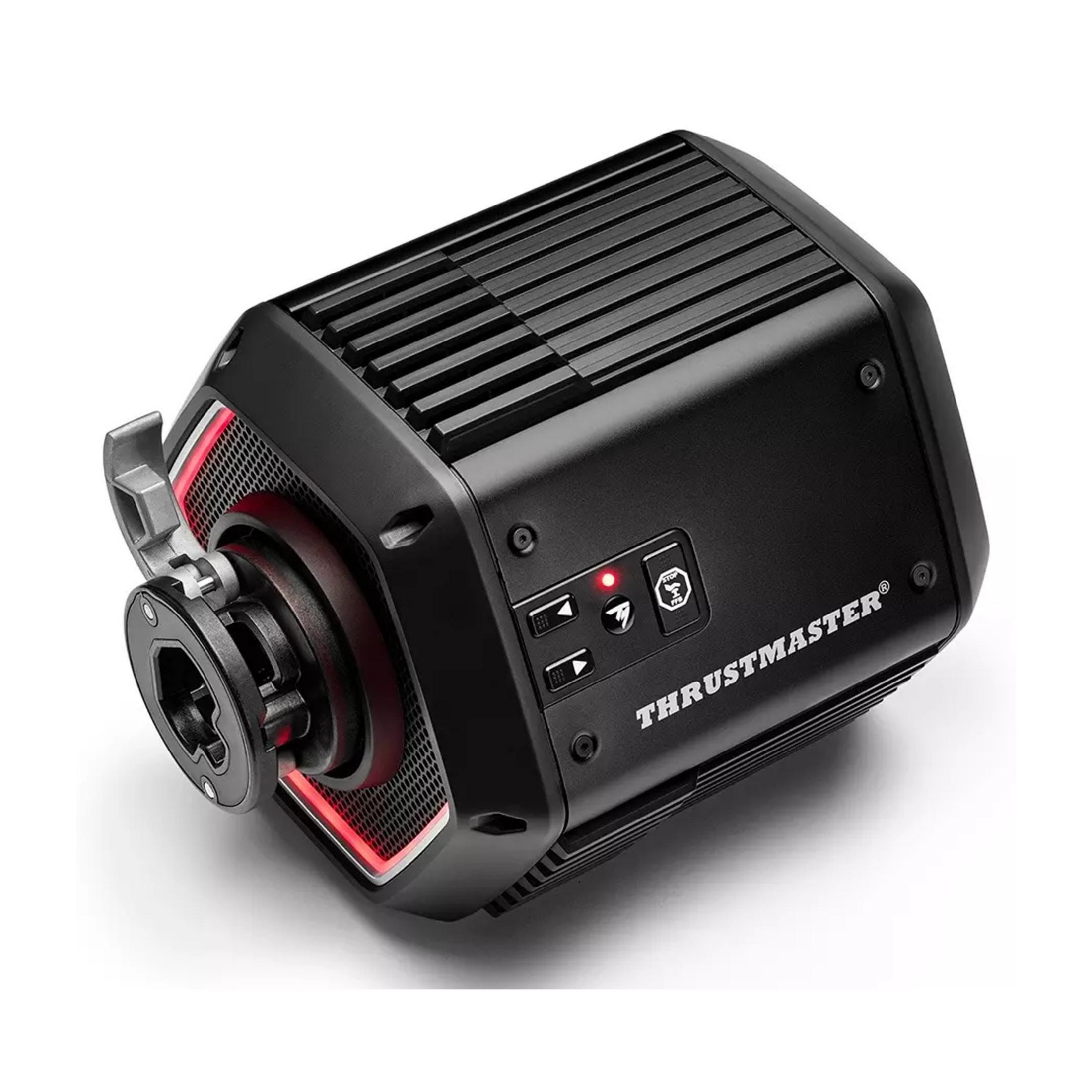 Base volante da corsa Thrustmaster nera con accenti LED rossi e sgancio rapido argentato.