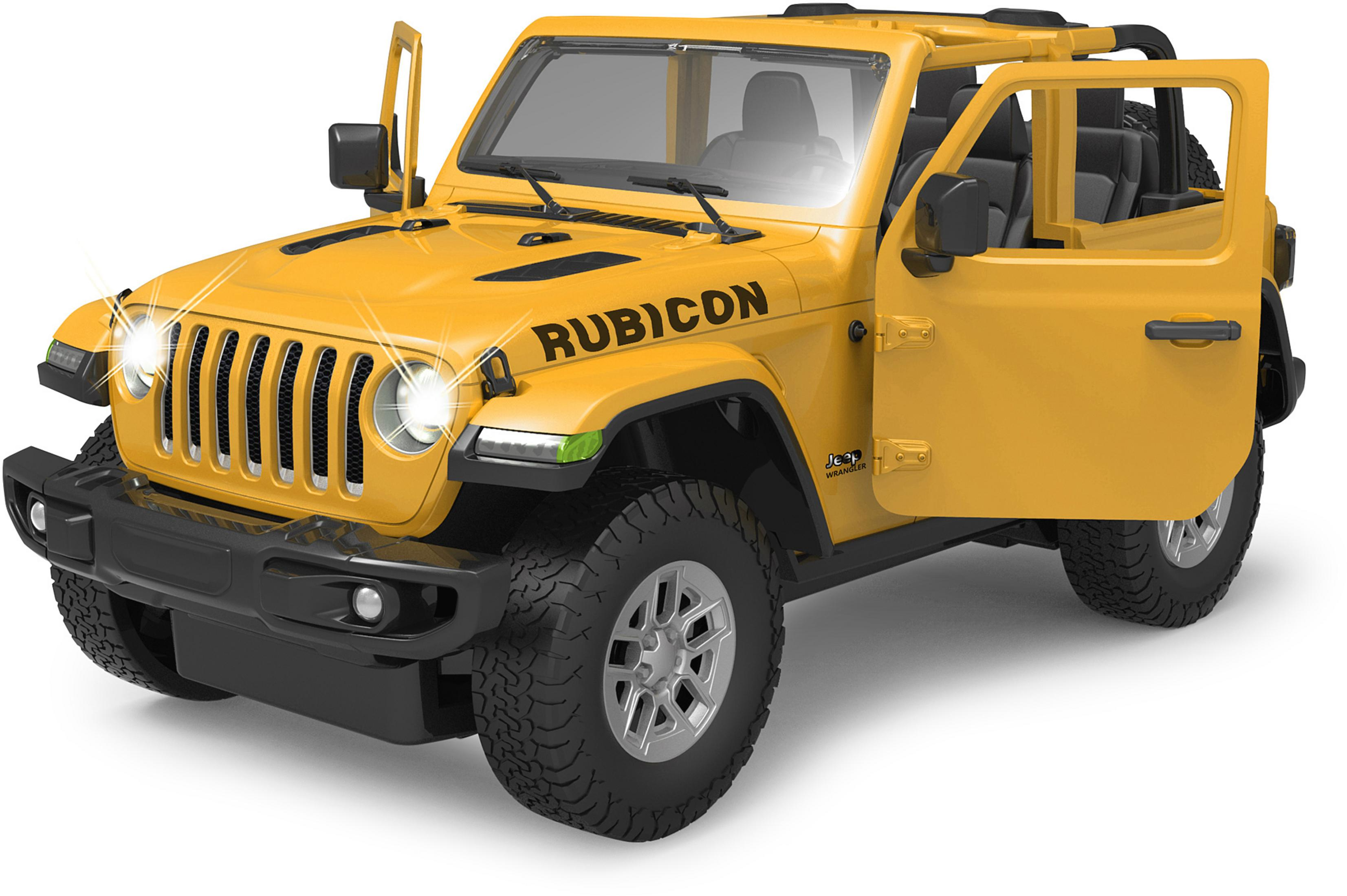Gelber Jeep Wrangler mit geöffneten Türen auf weißem Hintergrund.