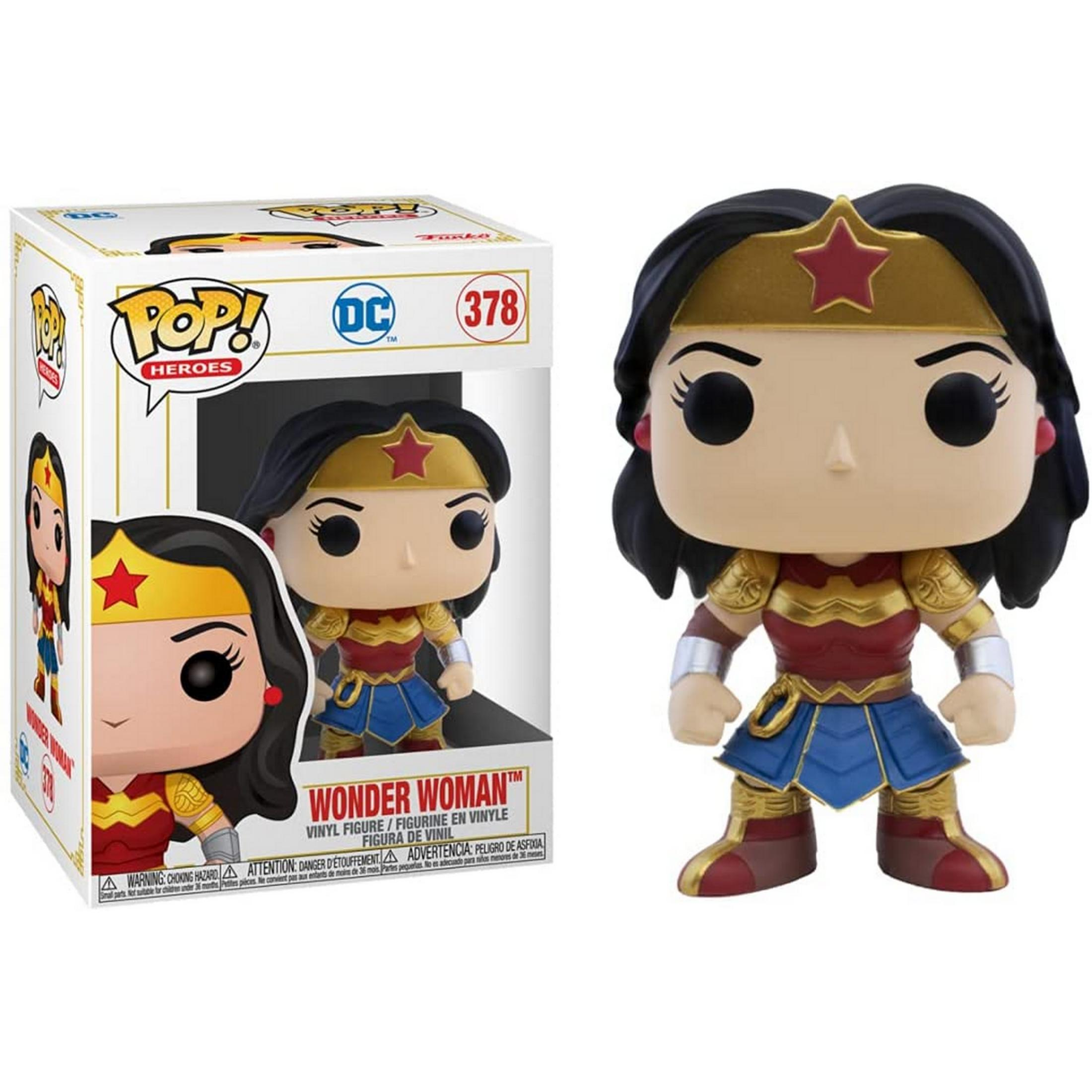 Funko Pop! Wonder Woman Figur im Karton. Sie trägt rot-goldene Rüstung und blauen Rock.