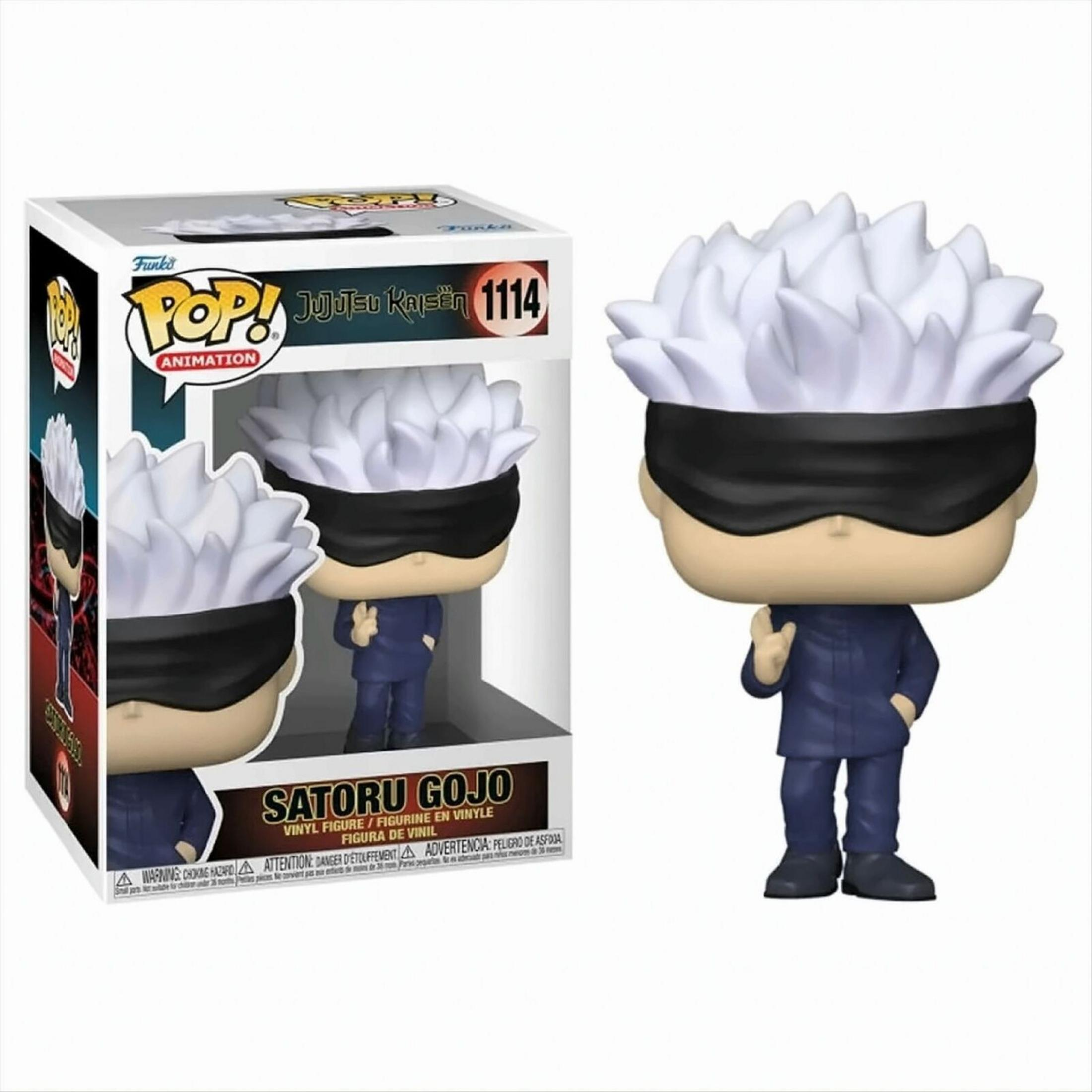 Figura Funko POP de Satoru Gojo de Jujutsu Kaisen, con pelo blanco y parche.