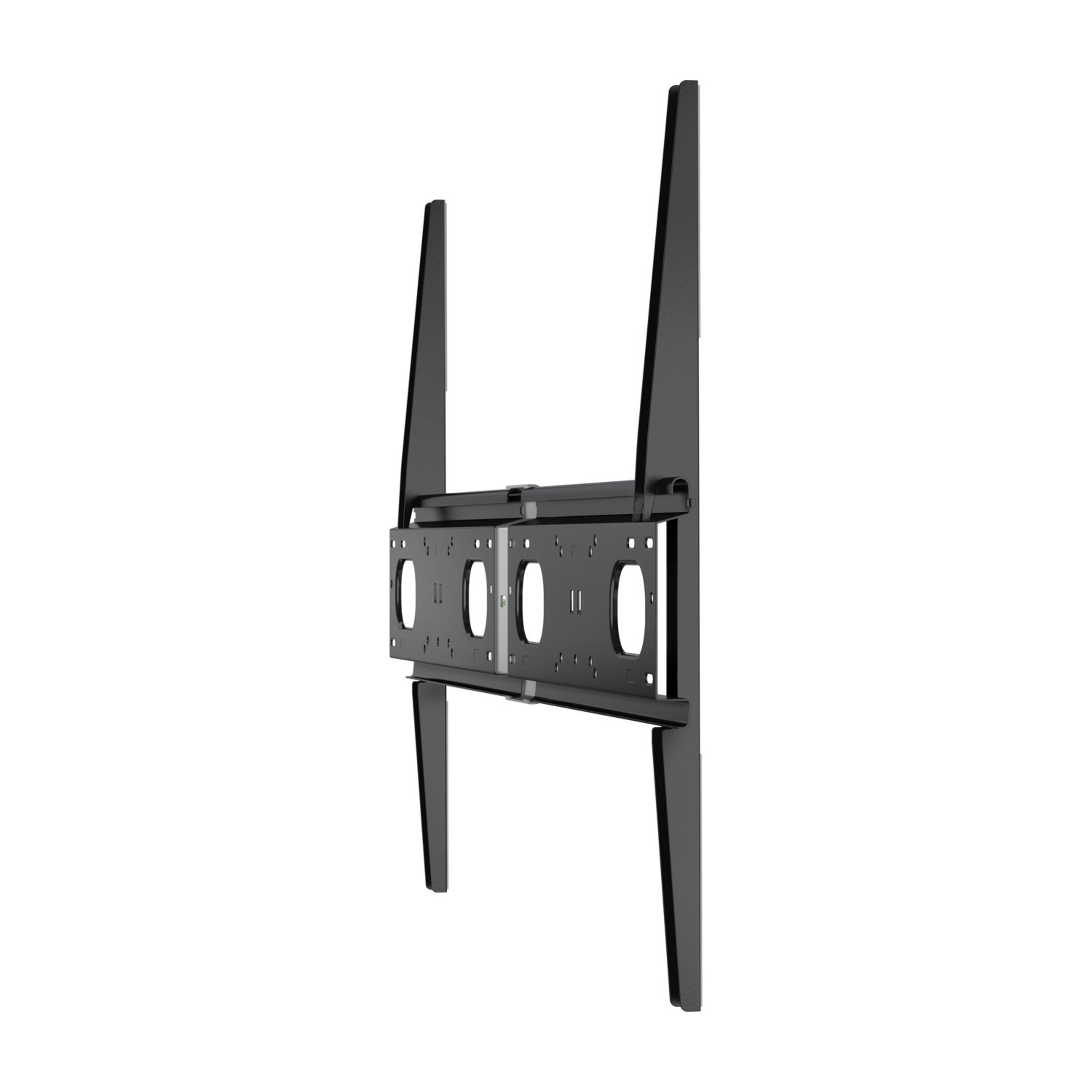 Eine schwarze TV-Wandhalterung aus Metall mit zwei vertikalen Armen u. horizontaler Halterung.