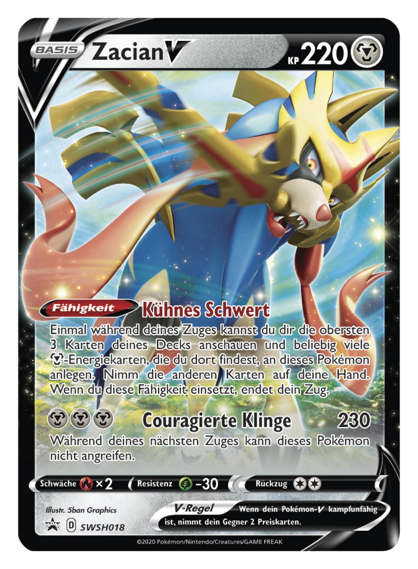 Eine Zacian V Pokémon-Karte mit blauer und goldener Rüstung, die sich schnell bewegt.