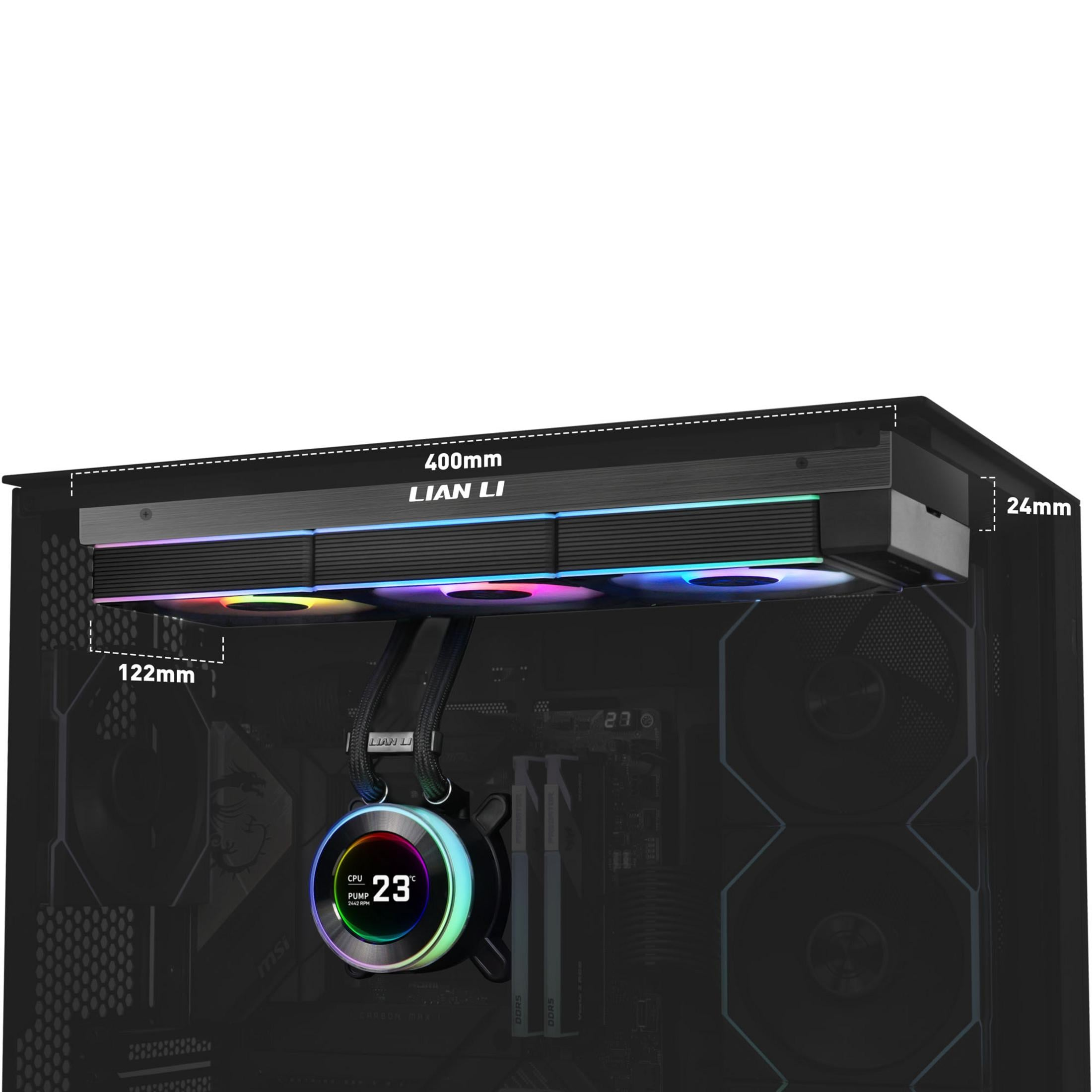 Ein Lian Li PC-Gehäuse mit Wasserkühlung und RGB-Lüftern, 400mm x 122mm x 24mm.