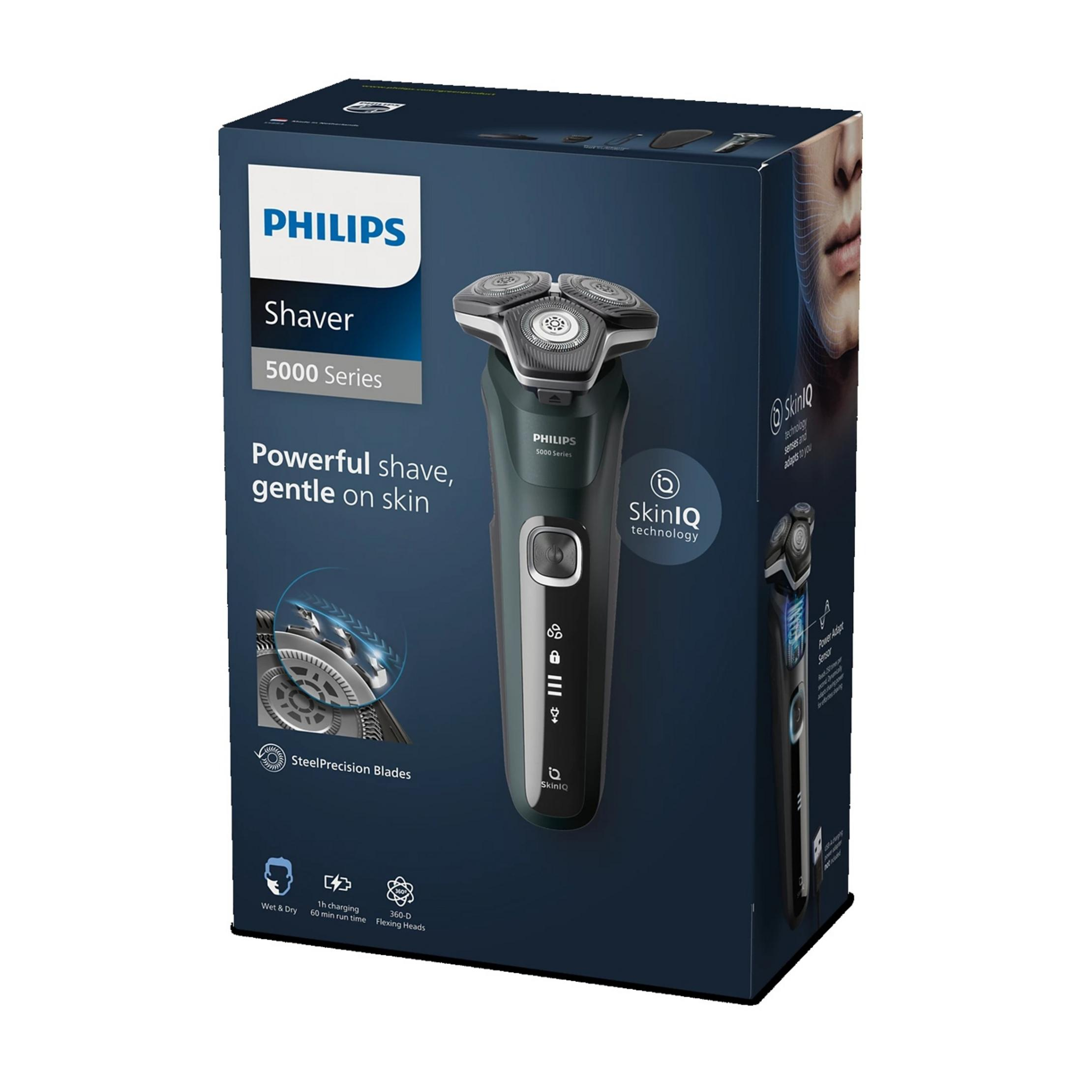 Boîte de rasoir Philips Série 5000 avec image de rasoir, technologie SkinIQ.