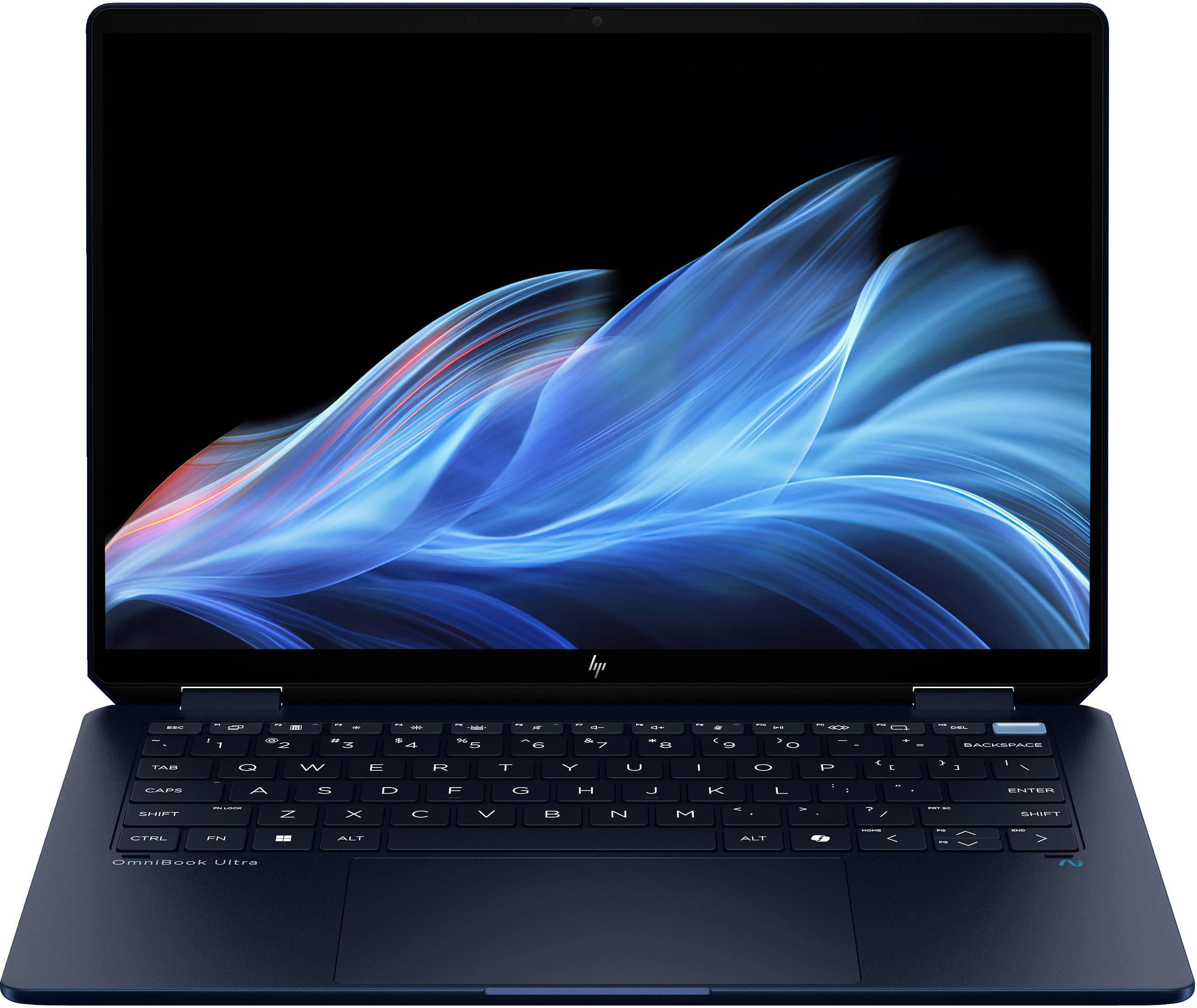 Un portátil HP OmniBook Ultra azul oscuro con un vibrante fondo abstracto azul y rojo.