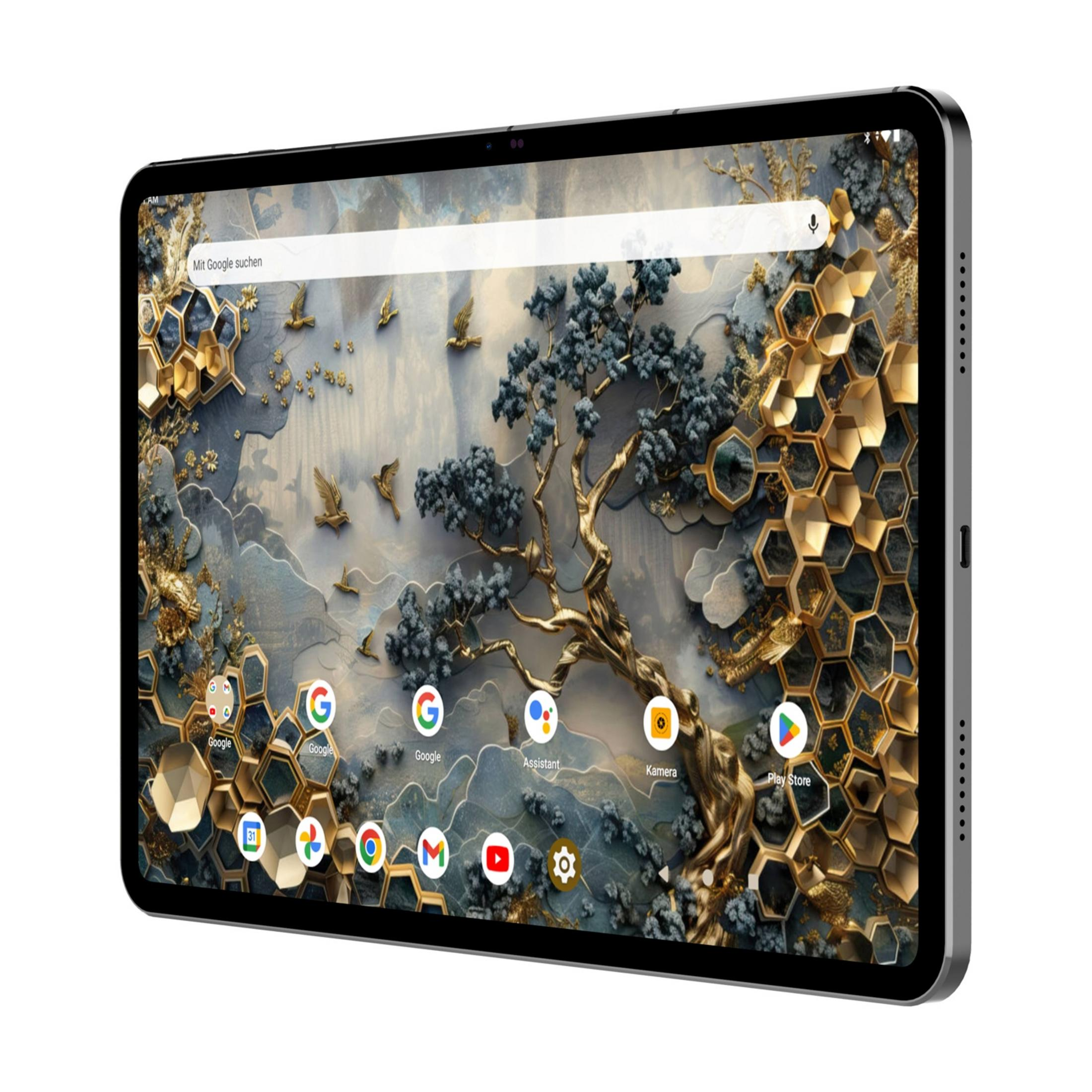Ein Tablet mit einem stilisierten Hintergrund mit Bienenwaben und Vögeln. Die Apps sind sichtbar.