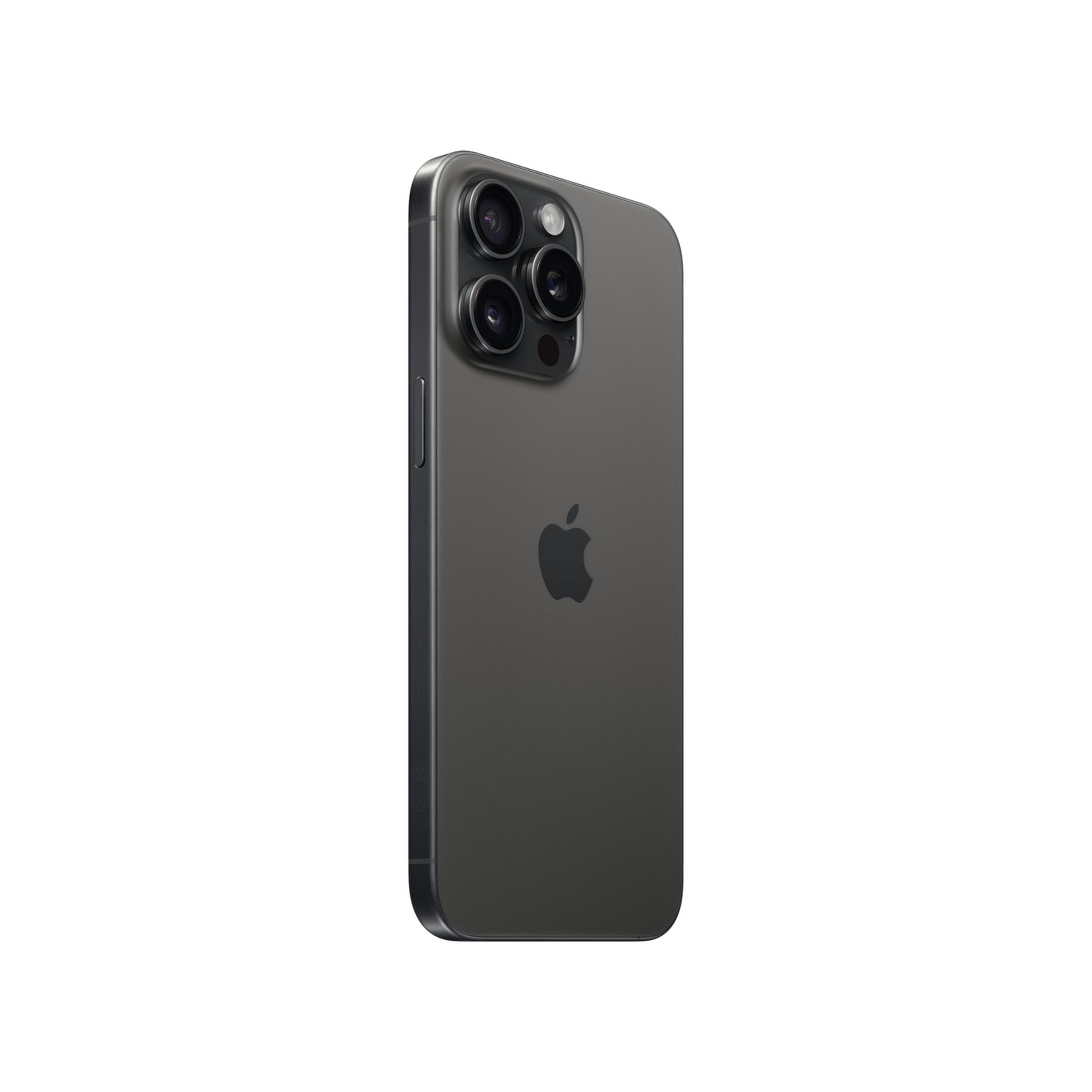 Viene mostrato un iPhone 15 Pro grigio scuro con tre fotocamere posteriori.