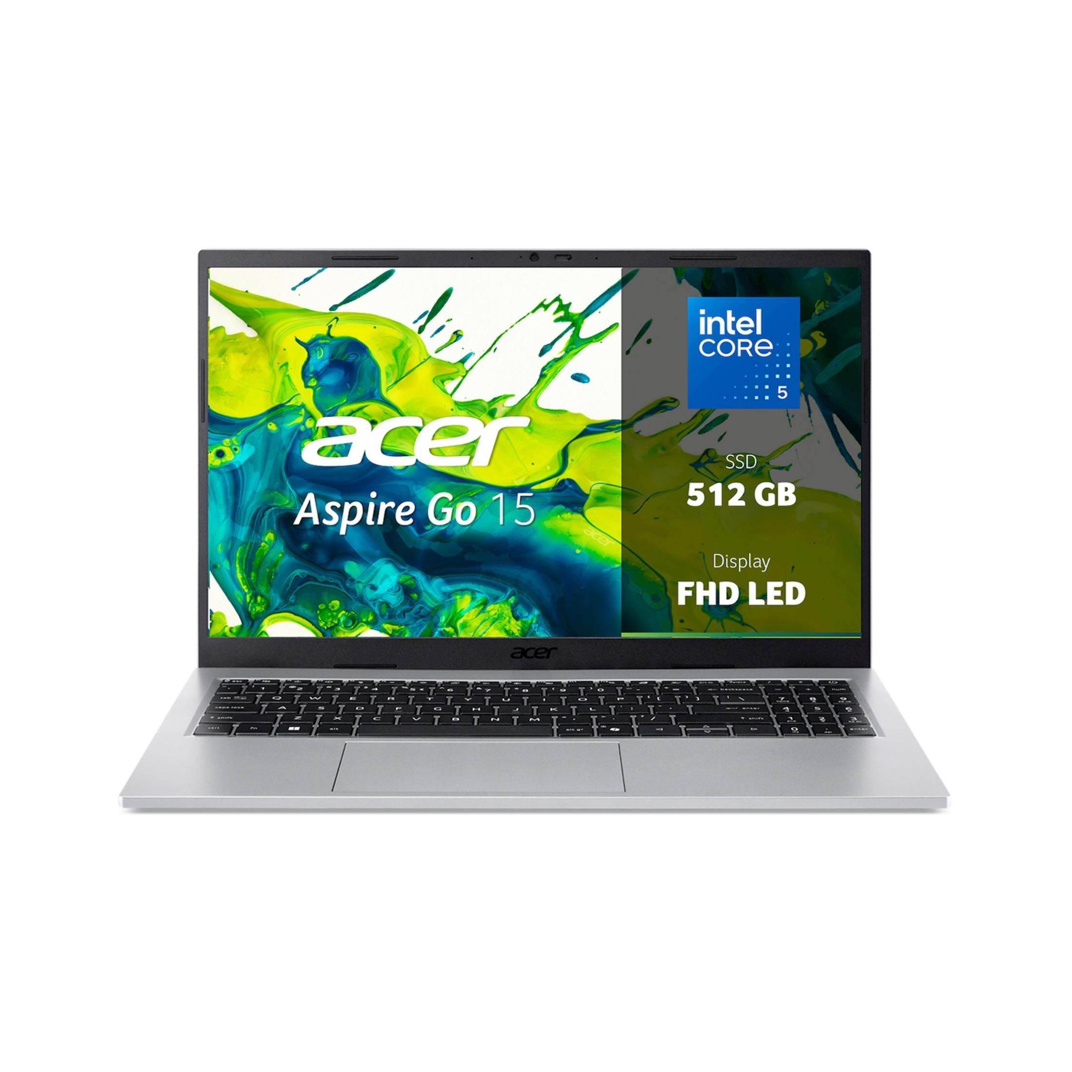 Ein silberner Acer Aspire Go 15 Laptop mit Intel Core i5 Prozessor.
