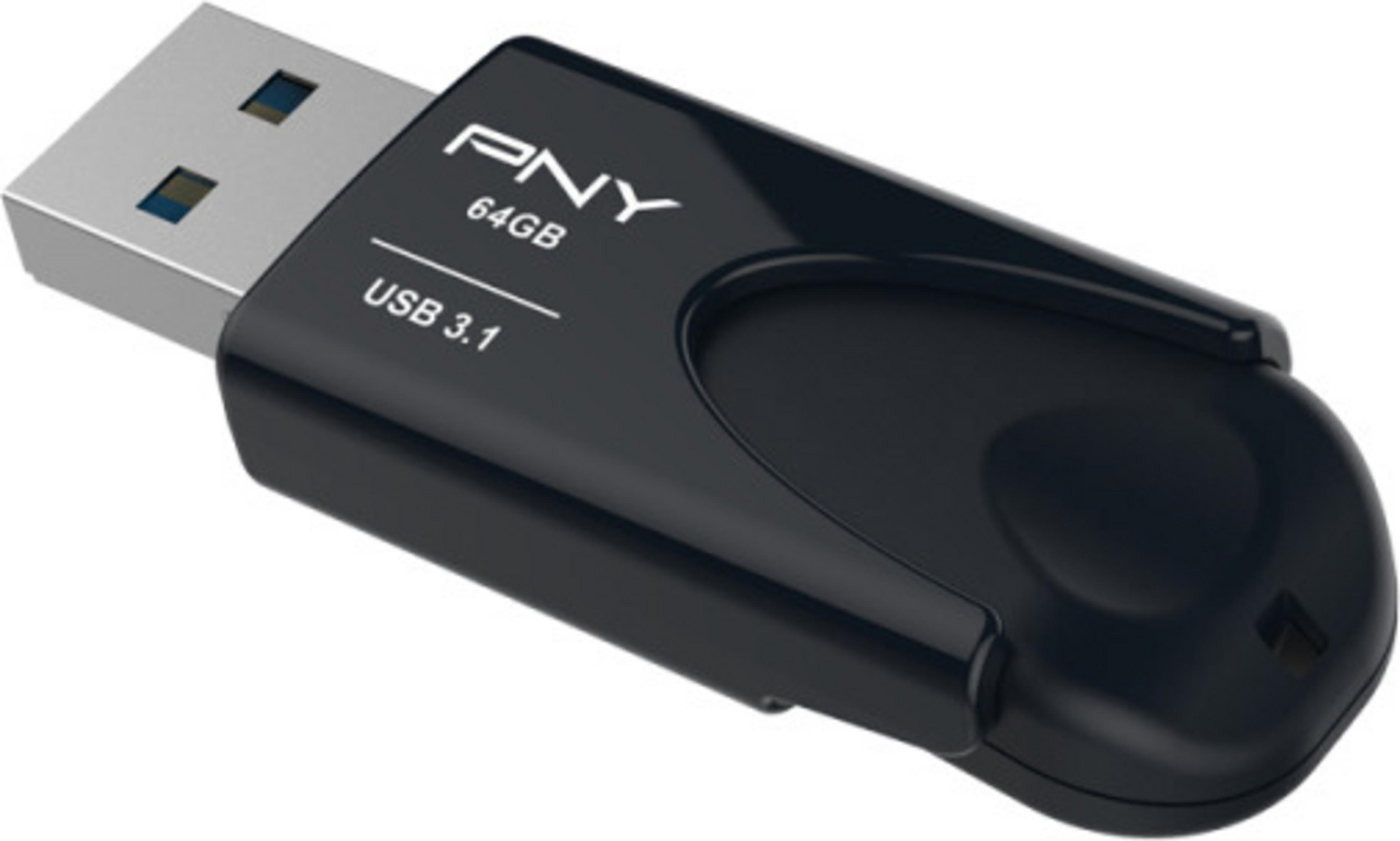 Pen drive PNY 64GB USB 3.1 nero con connettore argentato.
