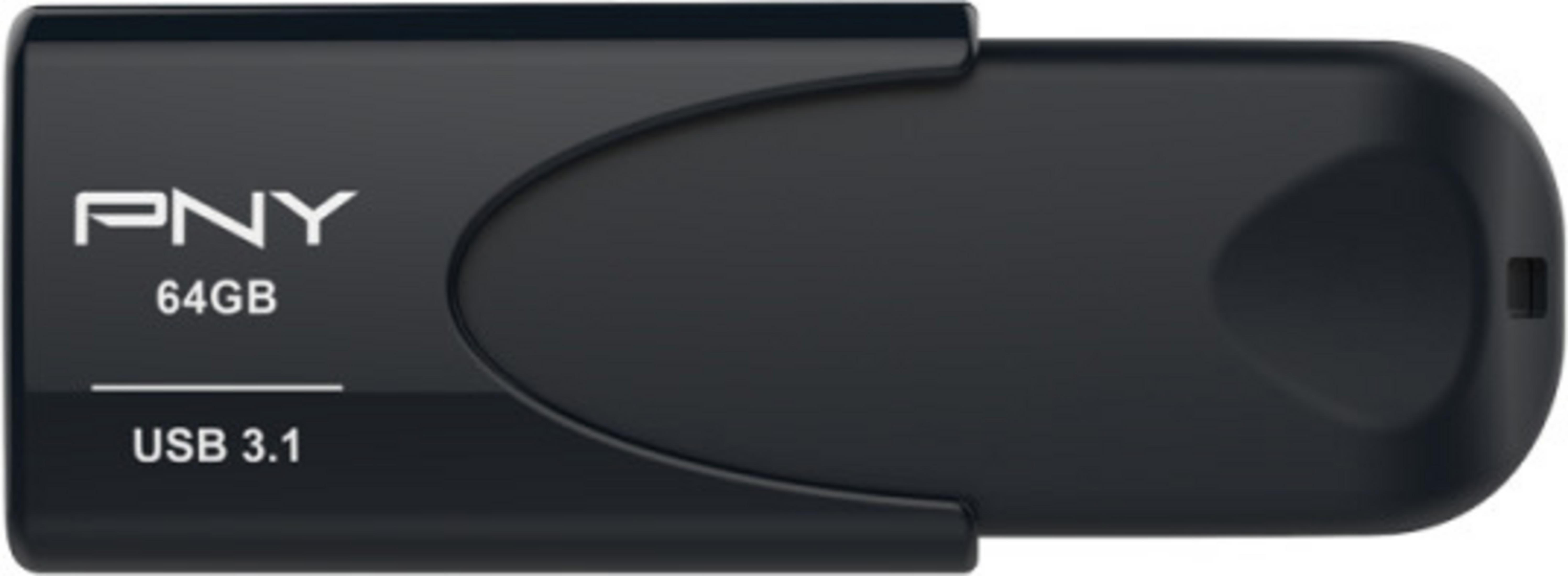 Chiavetta USB PNY nera da 64GB USB 3.1 con finitura liscia e design curvo.