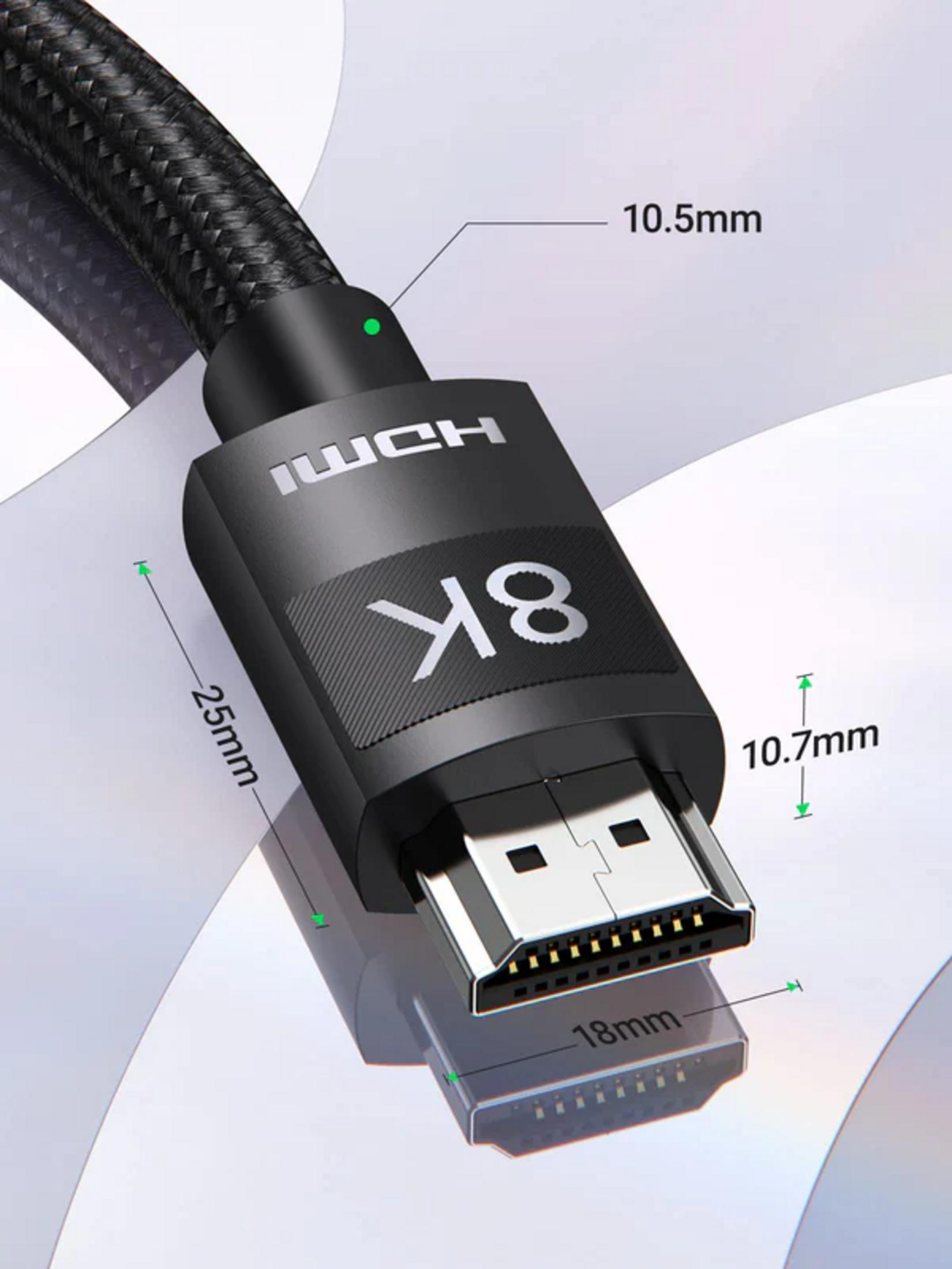 8K işaretli ve boyutları belirtilmiş siyah HDMI kablosu.