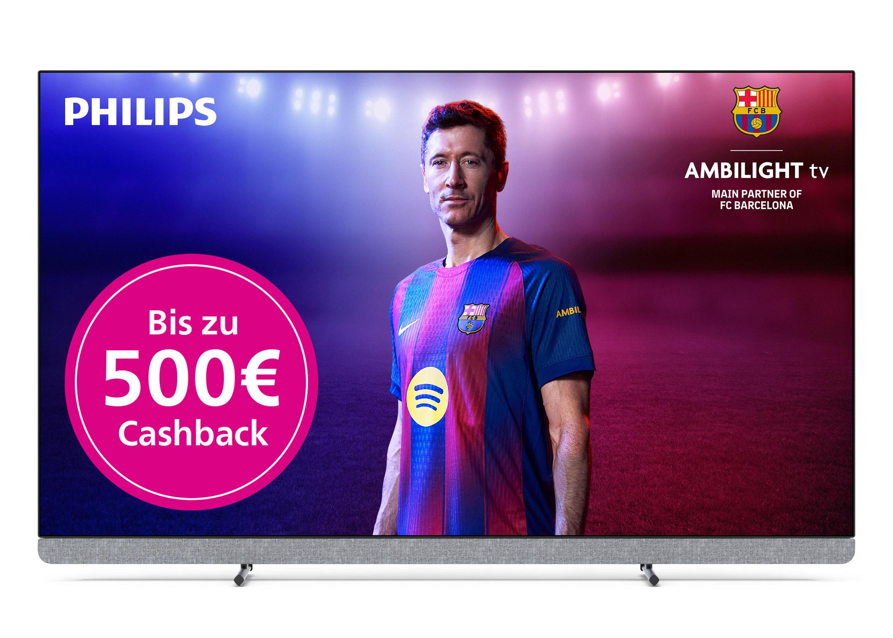 TV Philips con Robert Lewandowski in maglia FC Barcelona, offerta cashback 500€.