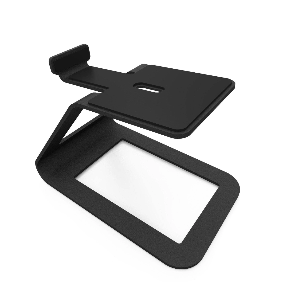 Soporte negro y moderno para electrónica con superficie plana.