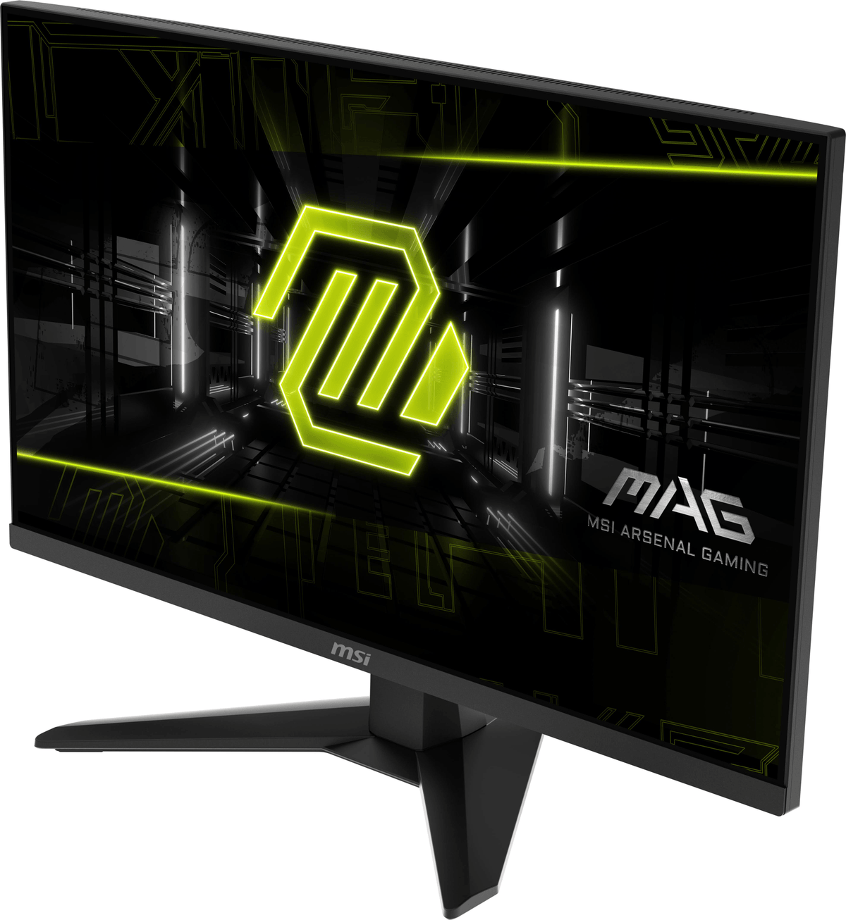 Un monitor gaming negro muestra un logo verde y un fondo futurista.