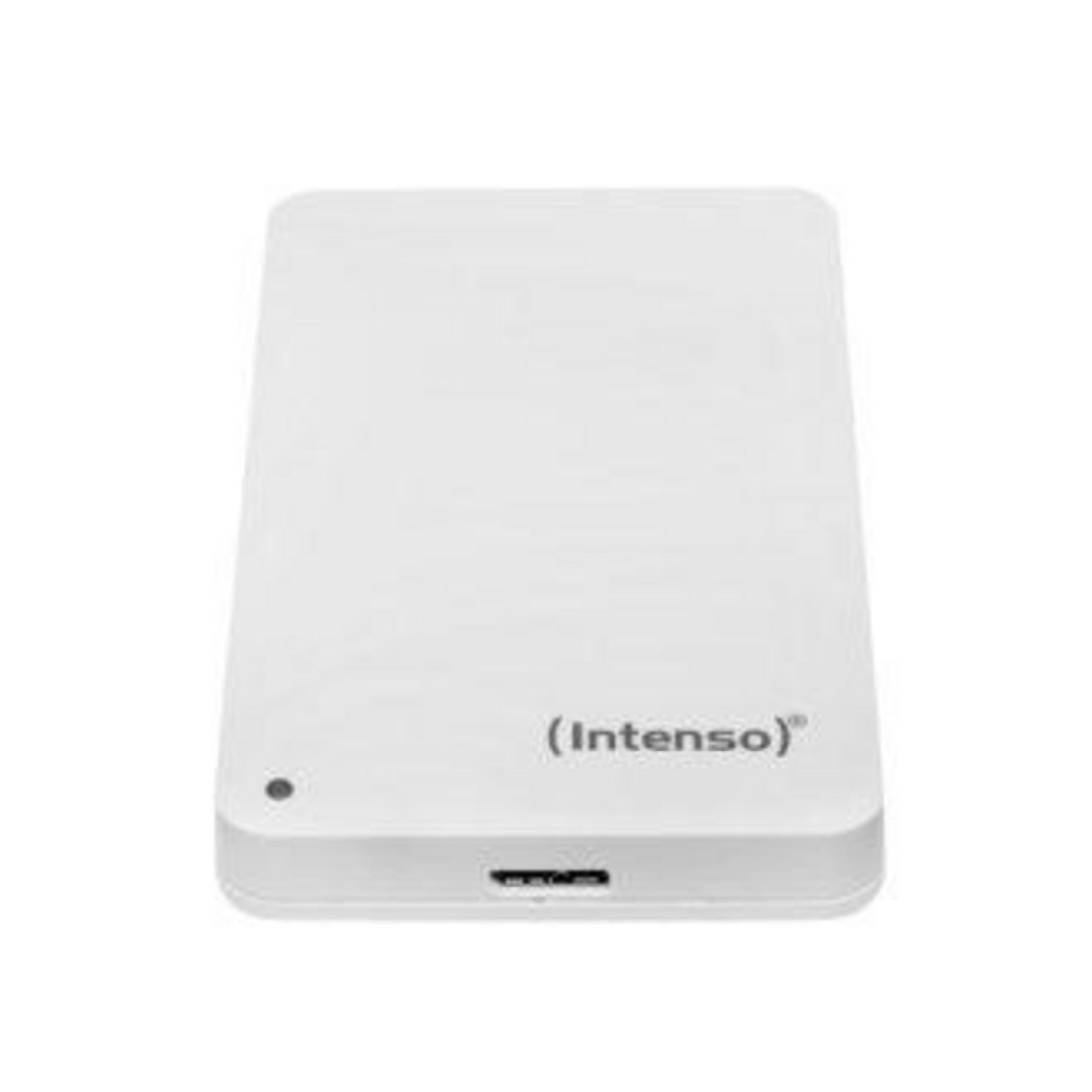 Un case per hard disk esterno bianco con logo Intenso e porta USB.
