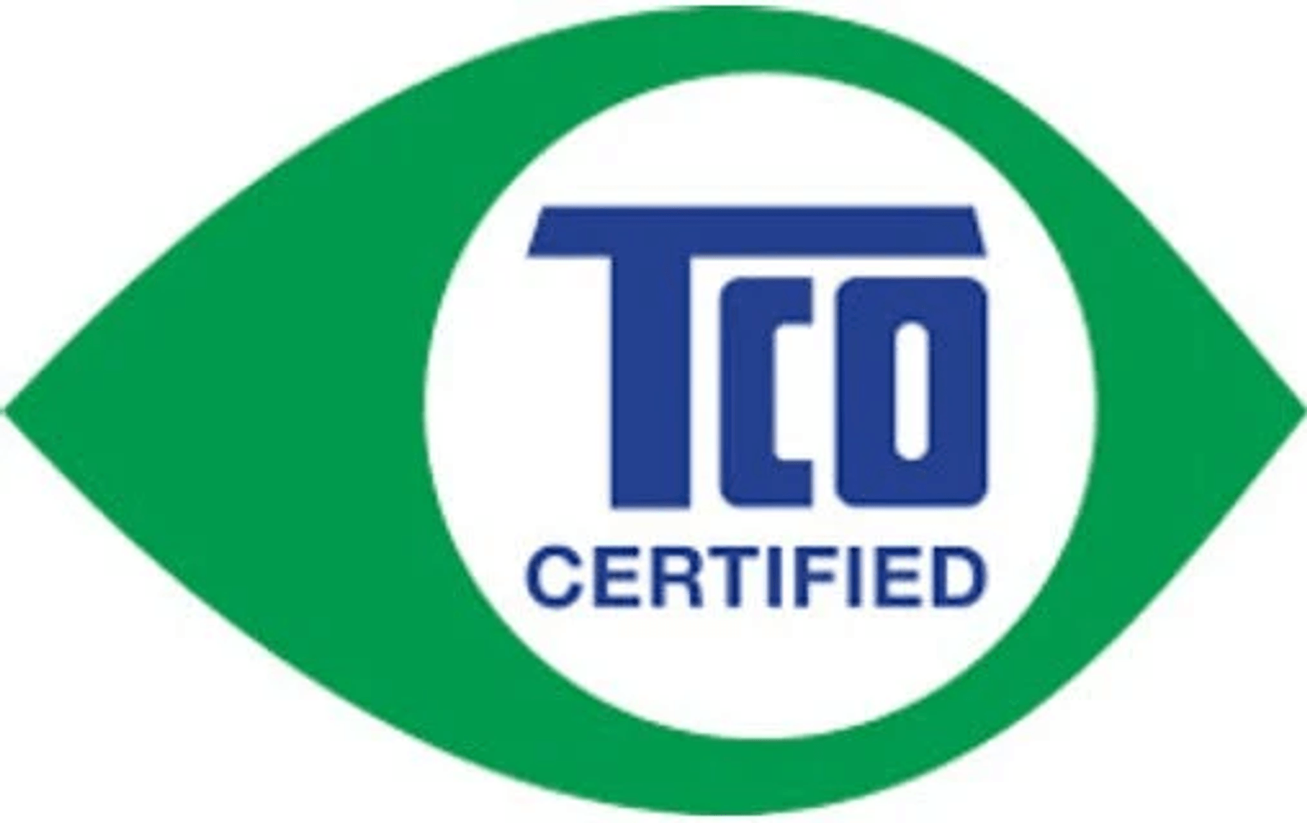 Logo œil vert avec texte bleu 'TCO CERTIFIED'.
