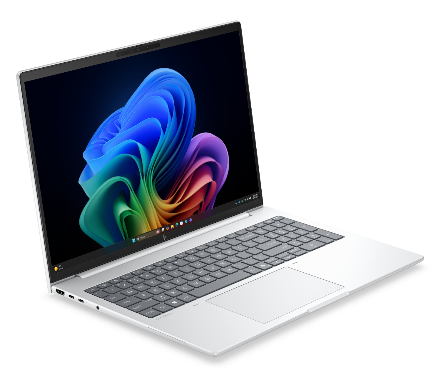 Un laptop HP EliteBook argentato è aperto, con uno sfondo astratto colorato sullo schermo.