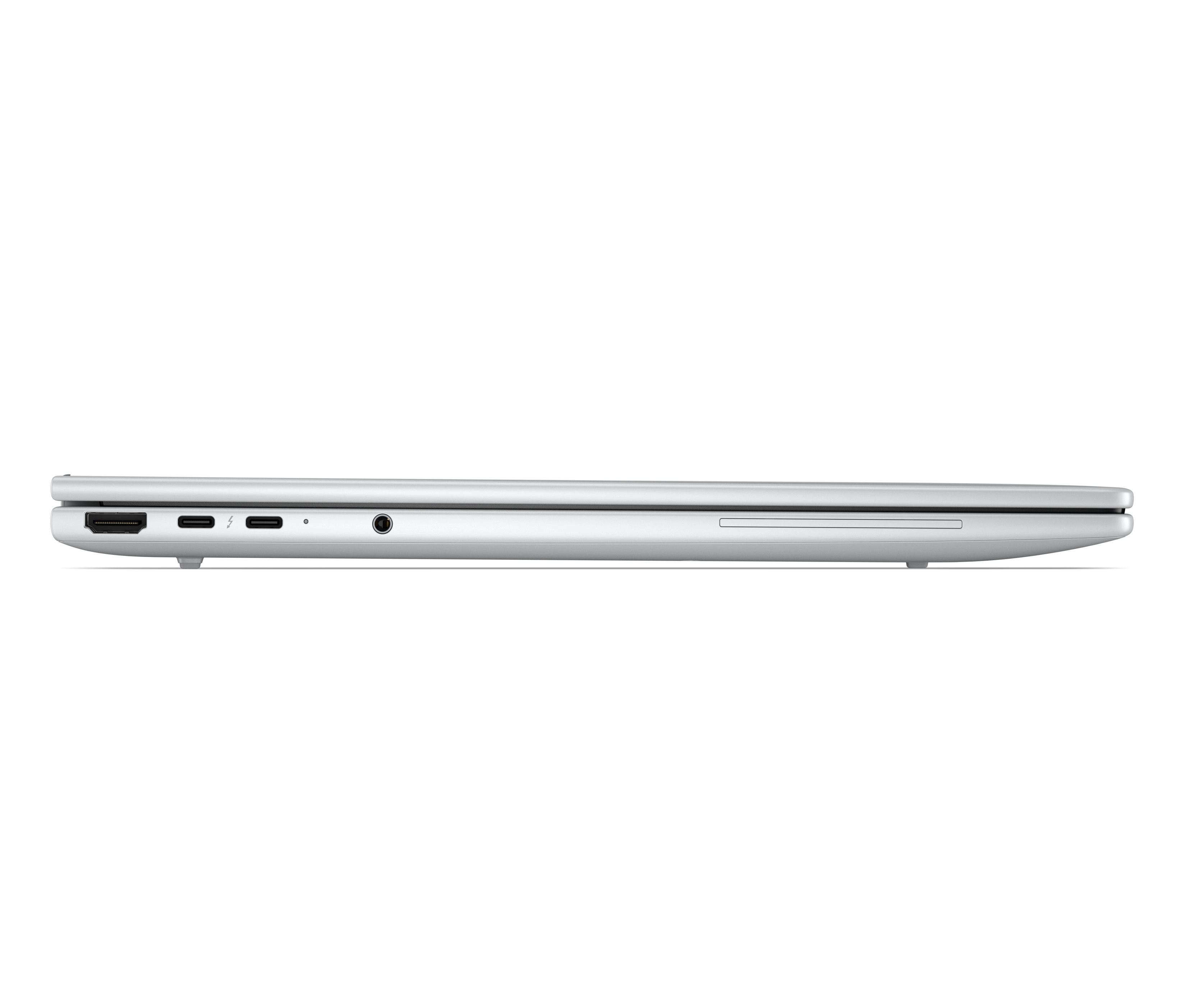 Laptop argentato con porte HDMI, USB-C e cuffie visibili sul lato.