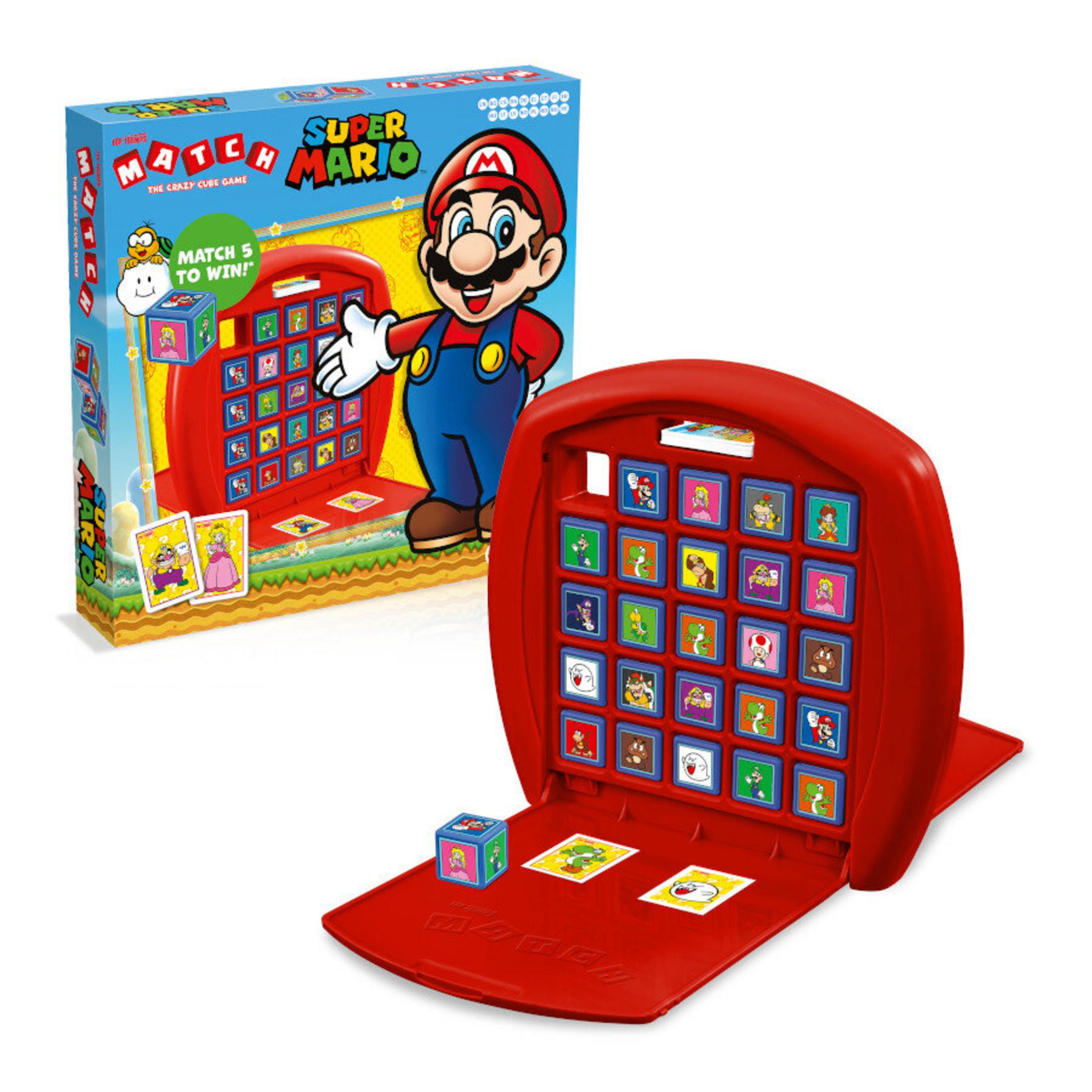 Super Mario Memory-Spiel mit Karte und Würfeln auf rotem Spielbrett.