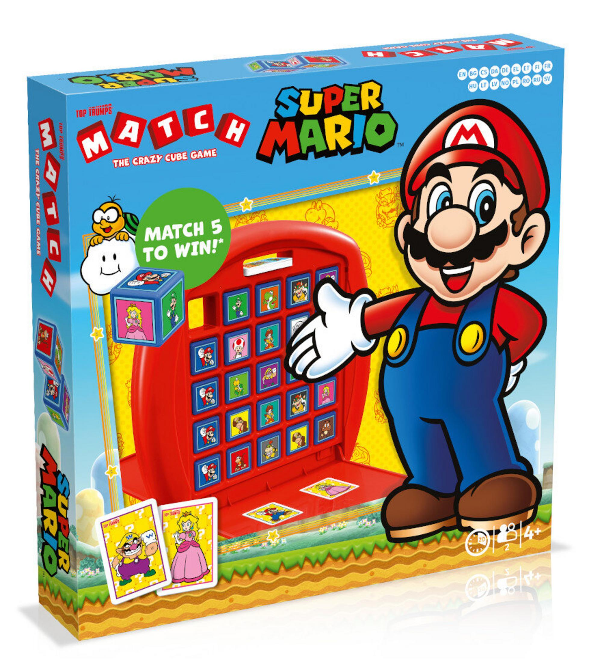 Super Mario Match Spielschachtel mit Mario, Prinzessin Peach und Wario.