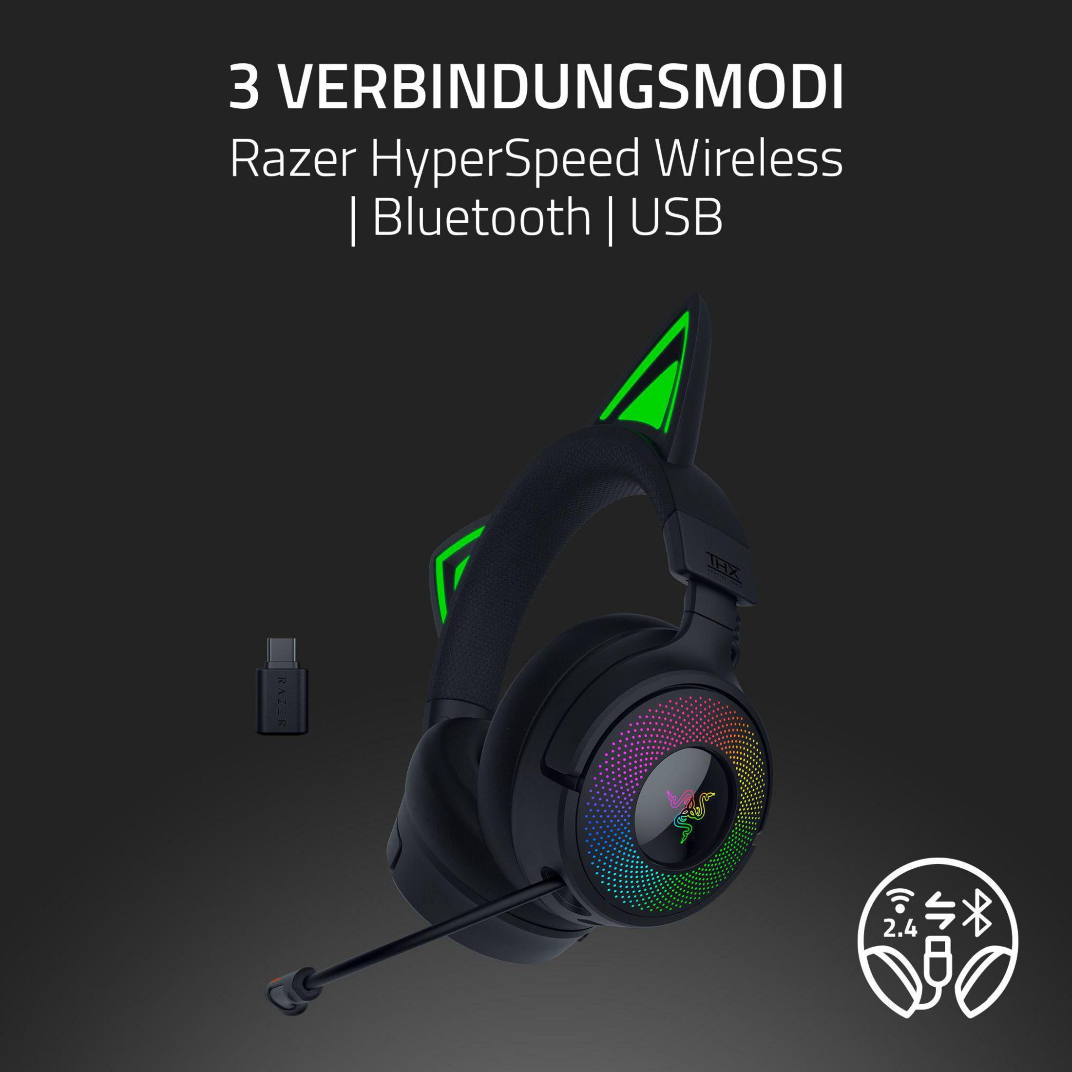 Cuffie Razer nere con luci RGB, orecchie da gatto verdi, microfono e dongle USB.