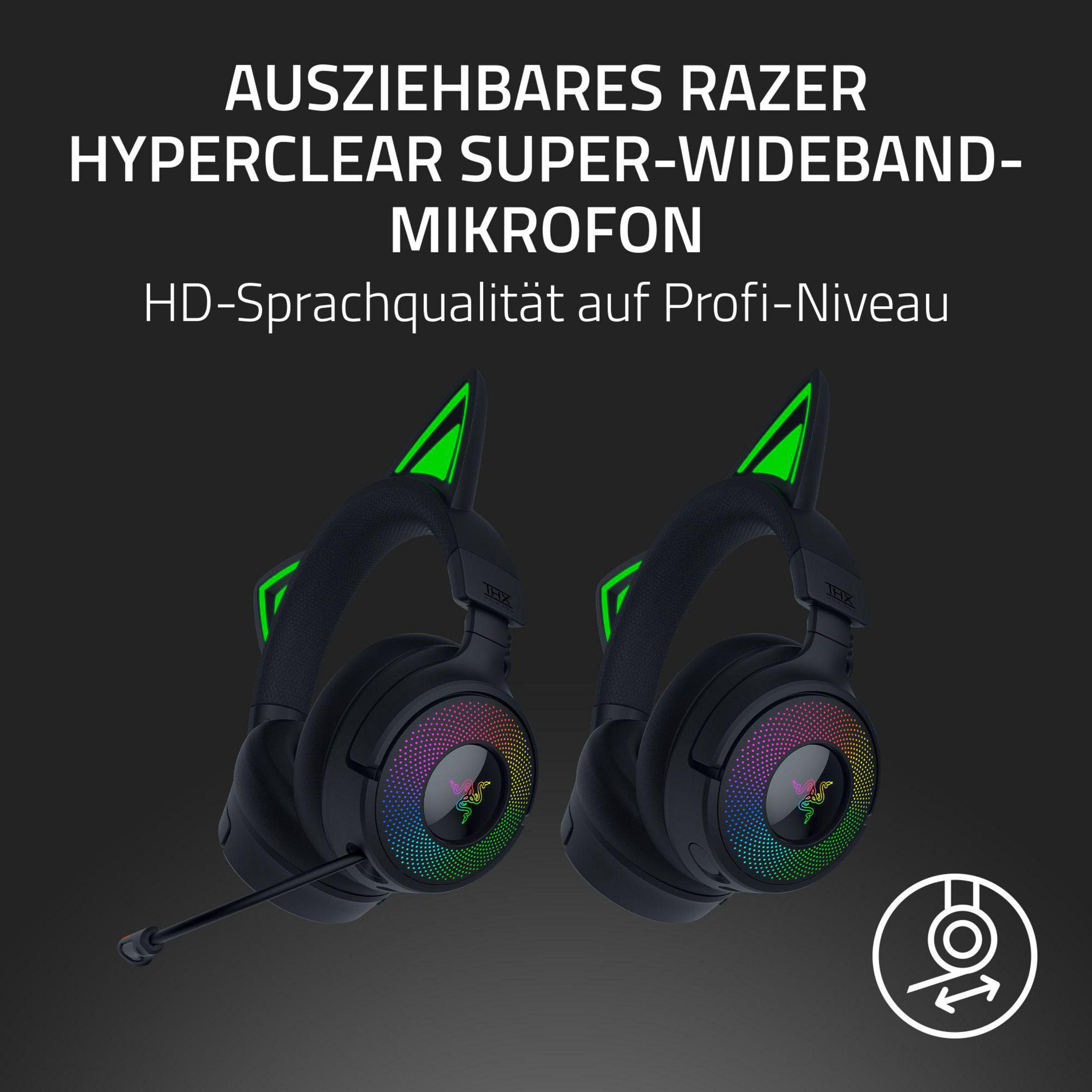 Due cuffie Razer nere con microfoni e orecchie luminose. Illuminazione RGB.
