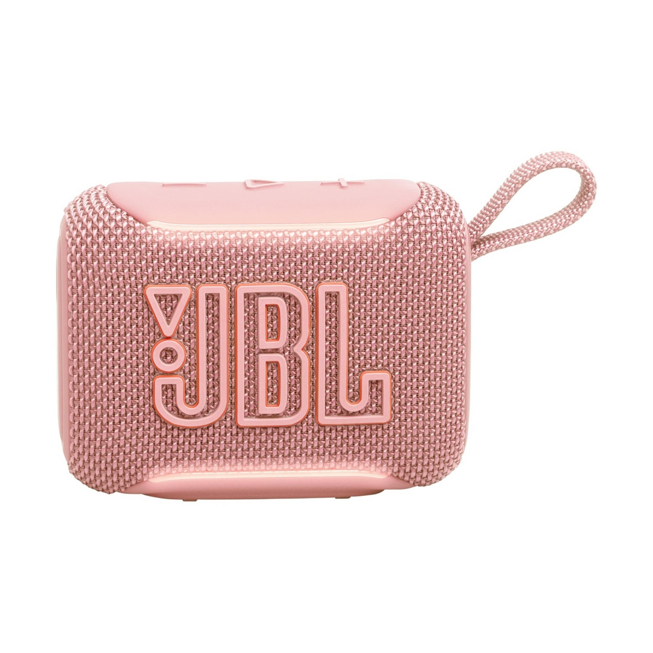 Un piccolo speaker JBL rosa con griglia tessuta e un laccetto.