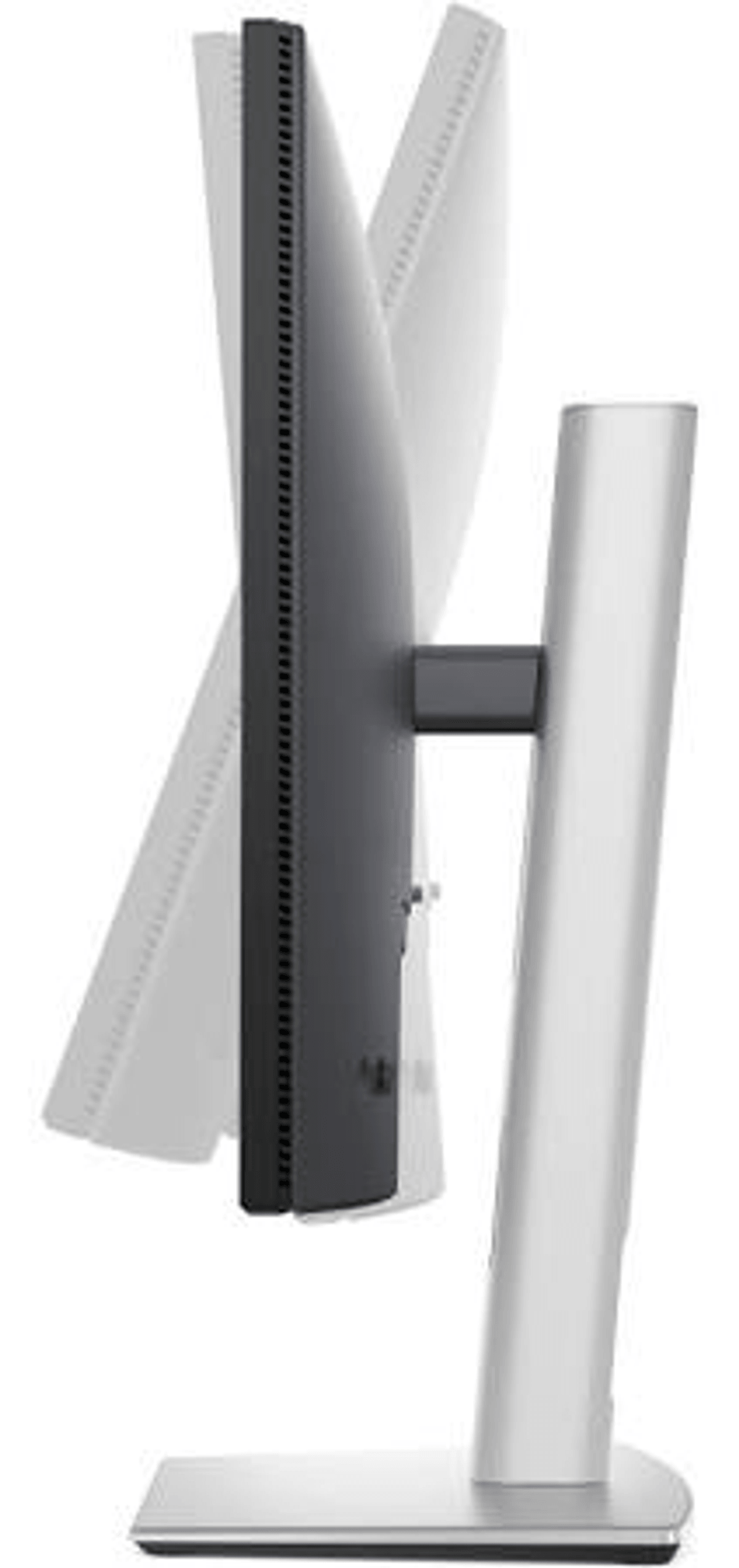 Un monitor di computer nero su un supporto argentato, visto di lato. Sfondo bianco.