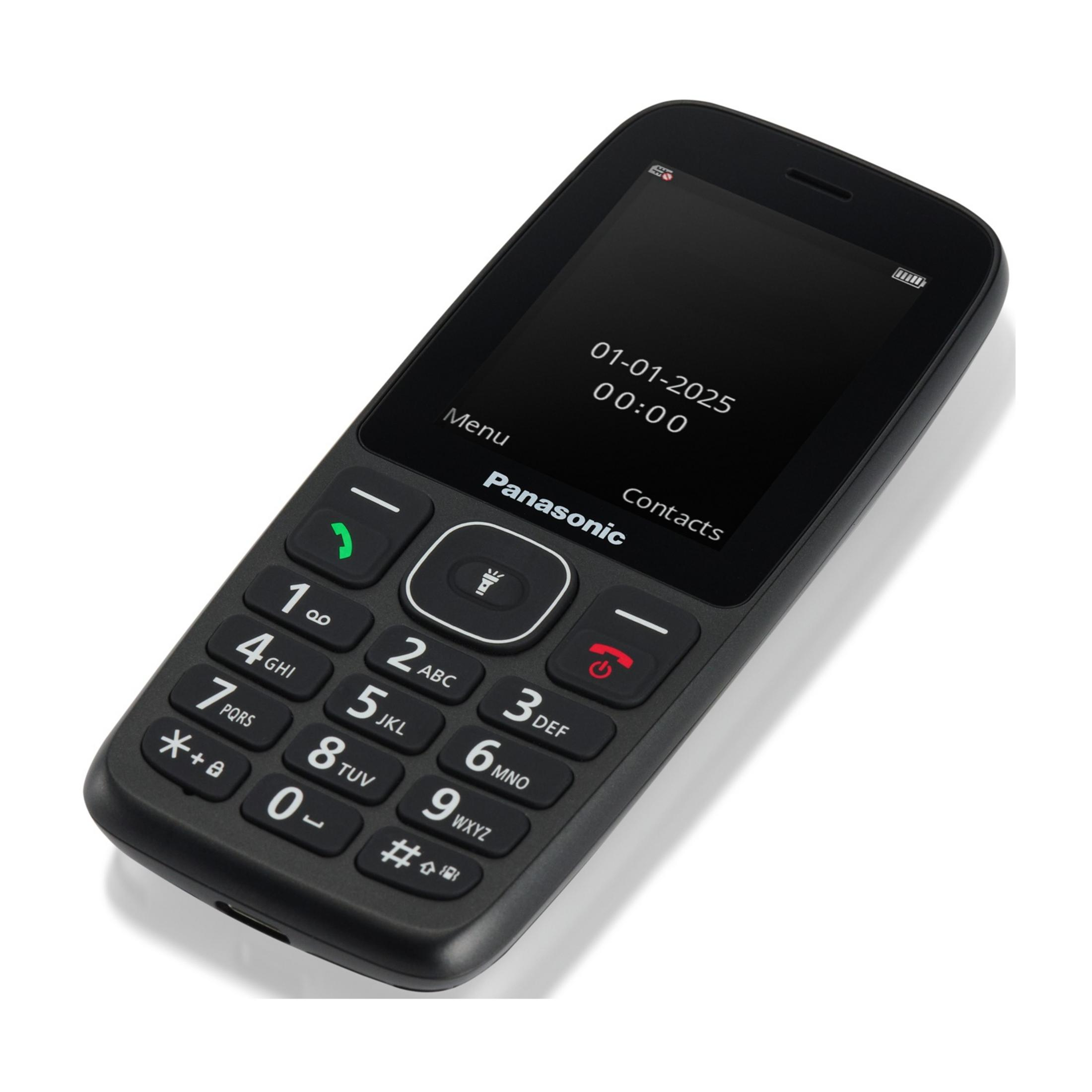 Schwarzes Panasonic-Tastenhandy mit Datums- und Uhrzeitanzeige auf dem Bildschirm.