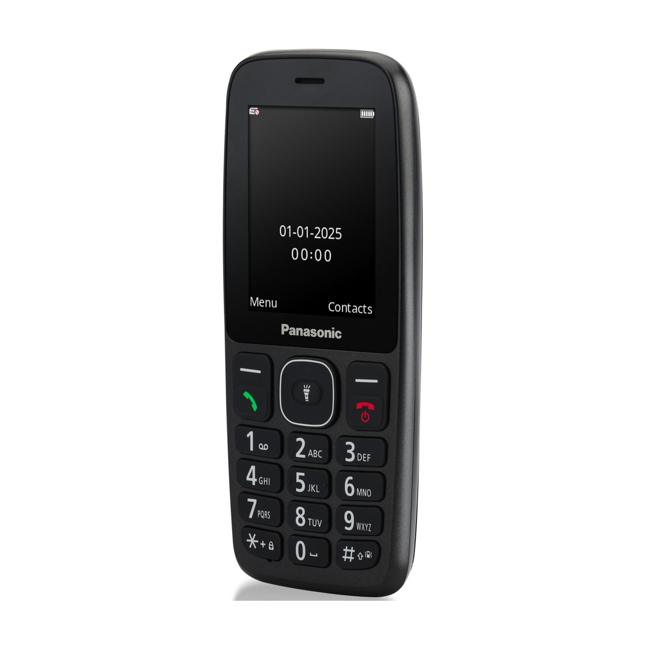 Schwarzes Panasonic-Tastenhandy mit beleuchteter Tastatur, Datum und Uhrzeit.