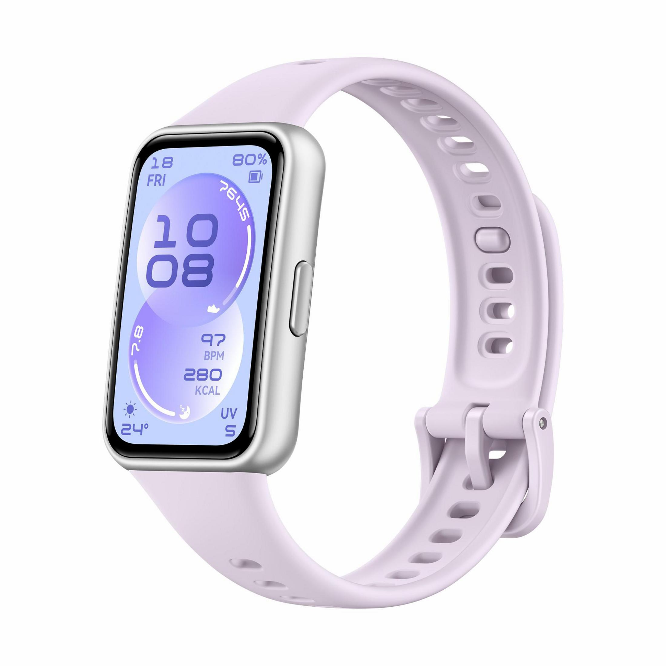 Uno smartwatch viola chiaro con cornice argentata mostra ora, data, battito cardiaco e calorie.